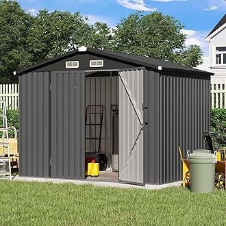 Verano Garden 8’x6’ Outdoor Storage Shed, Galvanized Metal Steel Shed,Double Door W/Lock, Garden Storage for Backyard, Patio, Lawn (96.65"x63.39"x77.17)