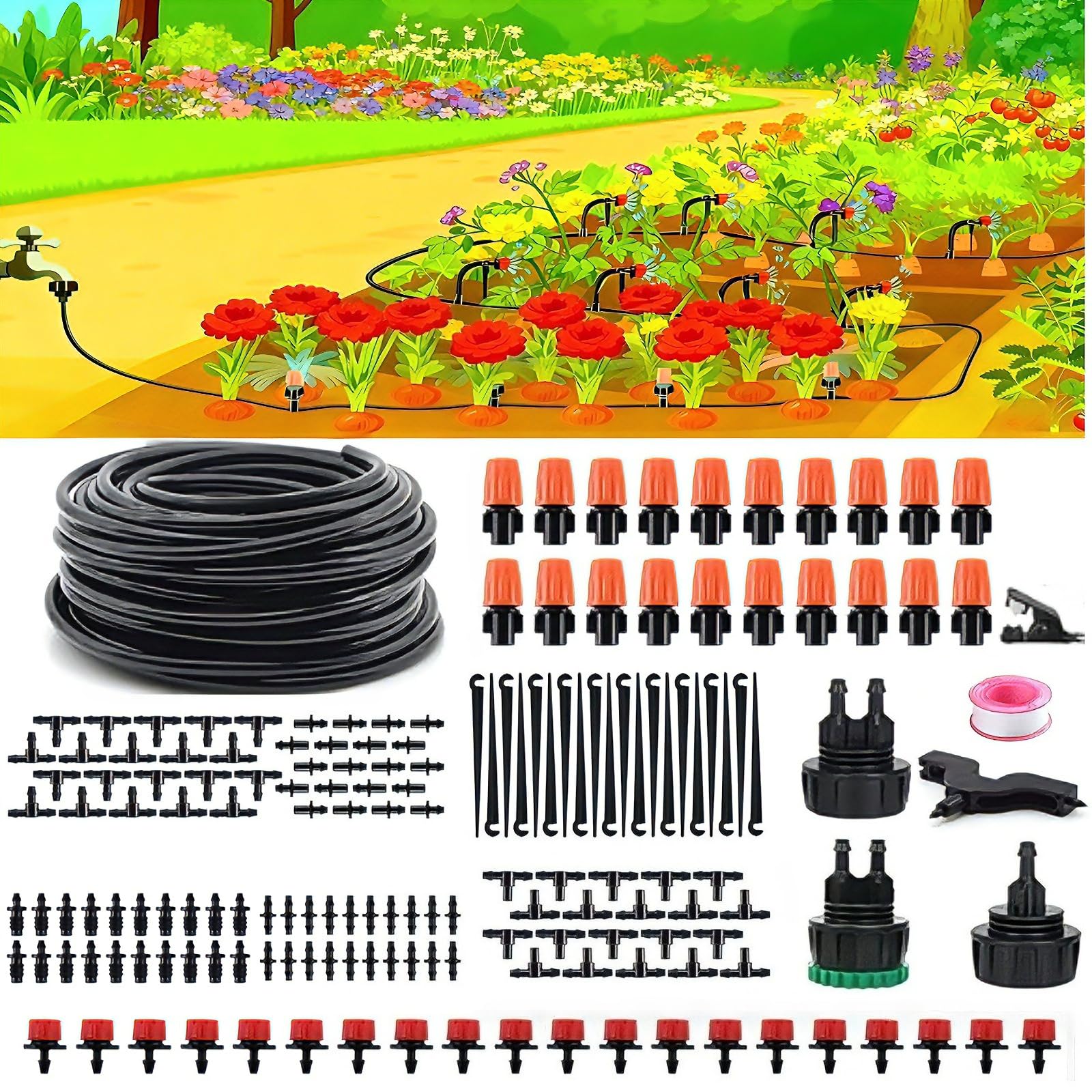 - DIY Automatic drip Irrigation kit, Garden drip Irrigation System, Suitable for Gardens, greenhouses, patios, and lawns, Comes with 1/4" Irrigation tubing, Making Plant Watering Easy.