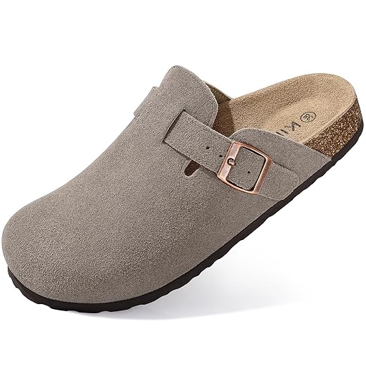 KIDMI Genuine Suede Clogs for Women Cork Footbed Sandals Leather Mules Potato Shoes with Arch Support