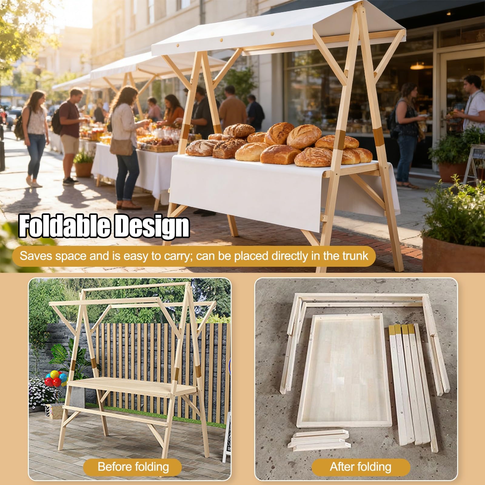 HARELA Marktstand Imbisswagen, Faltbarer Verkaufsstand,Marktstand-Ausstellungsständer für Outdoor, für Straßen-/Bauernmärkte/Handwerksausstellungen(Yellow A,150cm/59in)