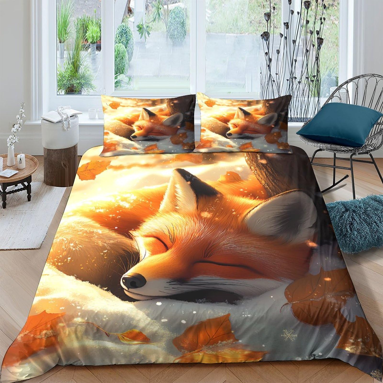 Ctjqhvkz Style-6 3D Printed Sleeping Fox Fitted Sheet Microfiber Autumn Leaves Mattress Cover Anti-Slip Washable For Bedroom Dorm Home Decor Single（135X200cm）