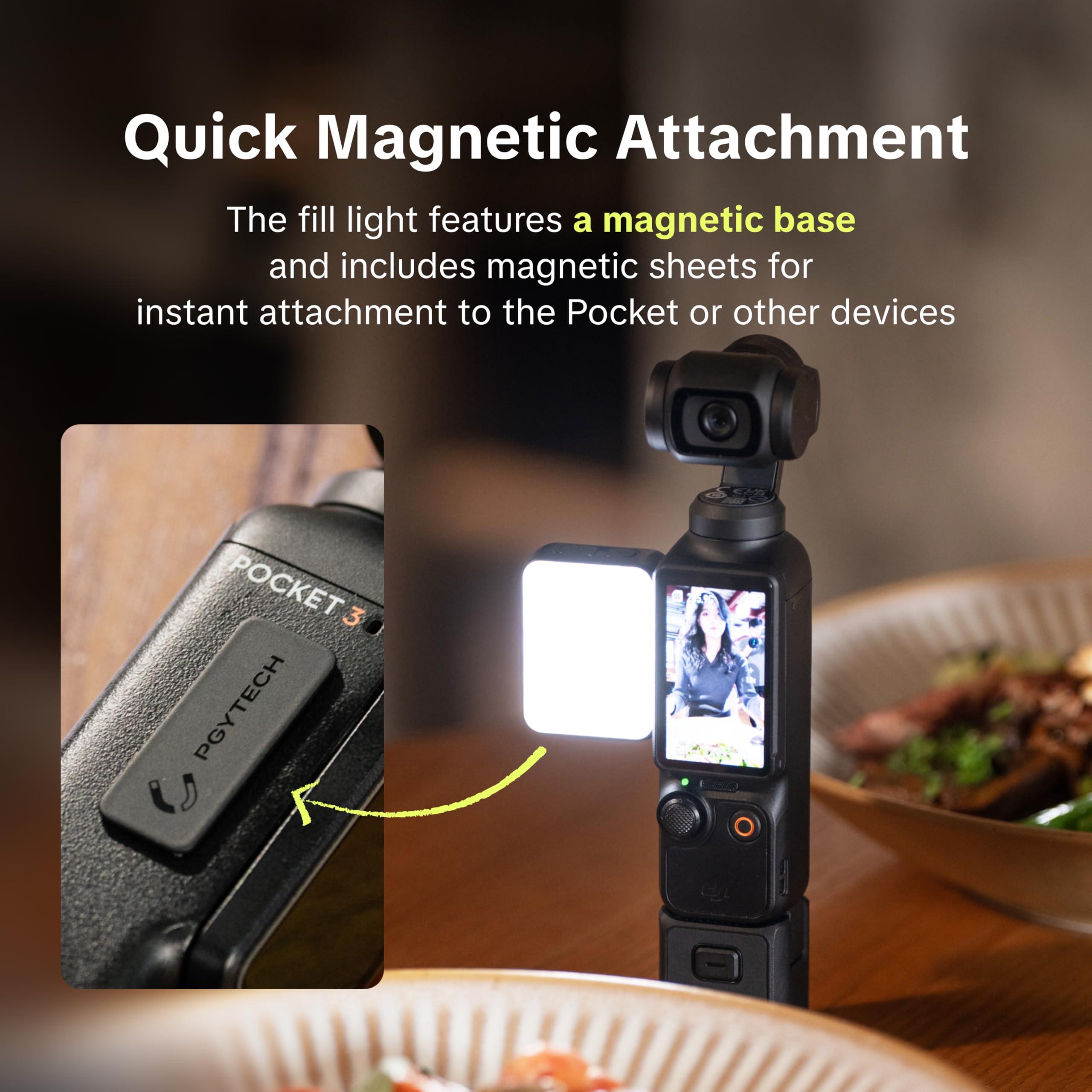 PGYTECH Lumière d'appoint Magnétique pour DJI Osmo Pocket 3/4, Mini Lampe Vidéo LED avec Griffe Froide, Éclairage Vlog Portable 30g avec 3 Températures de Couleur