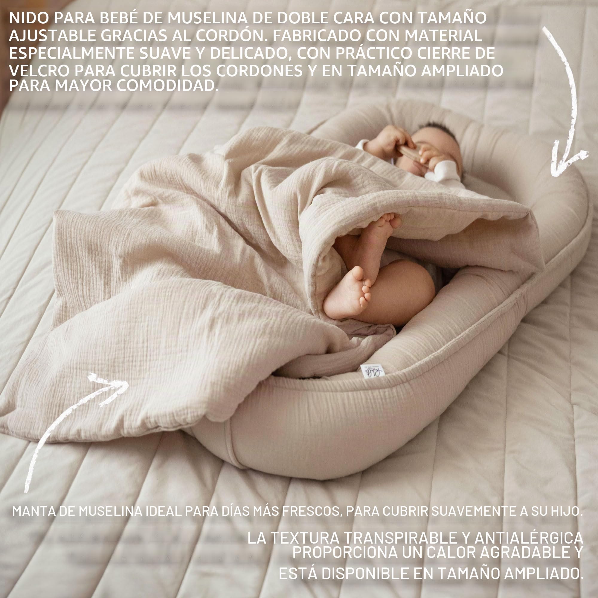 PaLulli® Nido para bebé 2 en 1 con Manta de 100% Muselina de algodón prémium, 100 x 60 cm, Solapa con Cierre de Velcro, Cambiador para bebés y bebés (Beige)