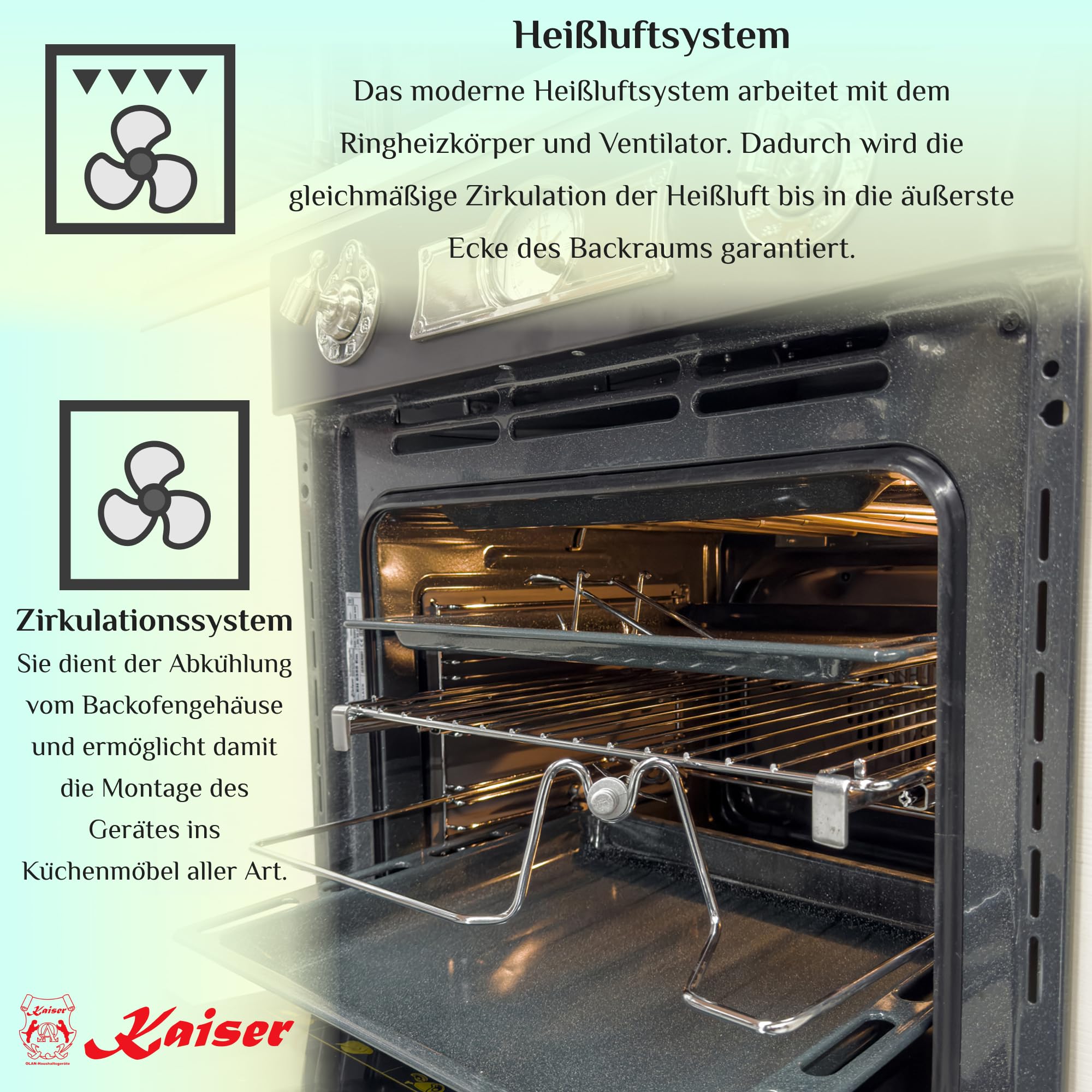 KAISER Einbaubackofen EH 6355 Em Sil mit 1-fach-Teleskopauszug, Retro Elektro Einbau Backofen Autark 60 cm 67L 8 Funktionen in Schwarz
