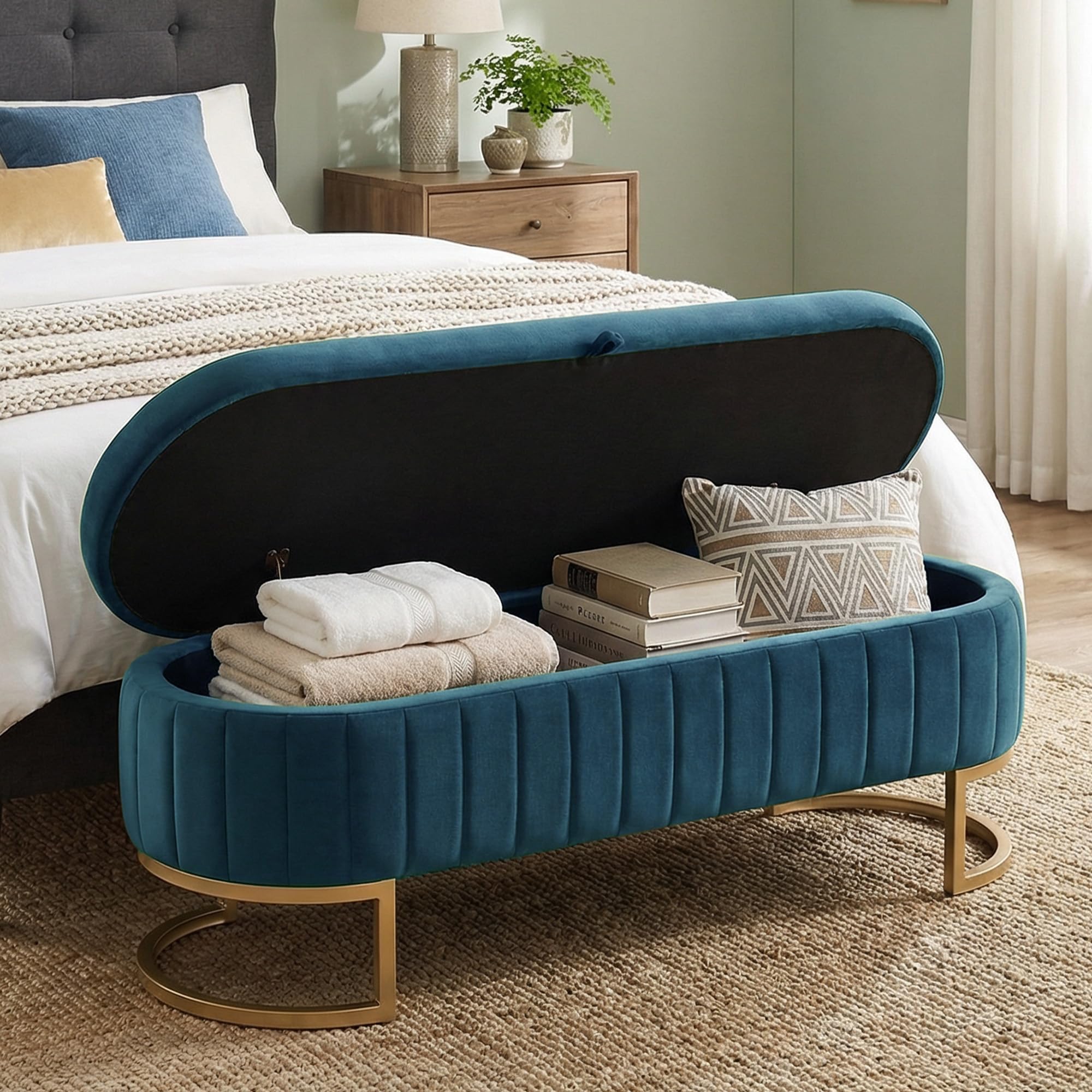 VIROL 65 inch Velvet Storage Ottoman Bench Dark Blue