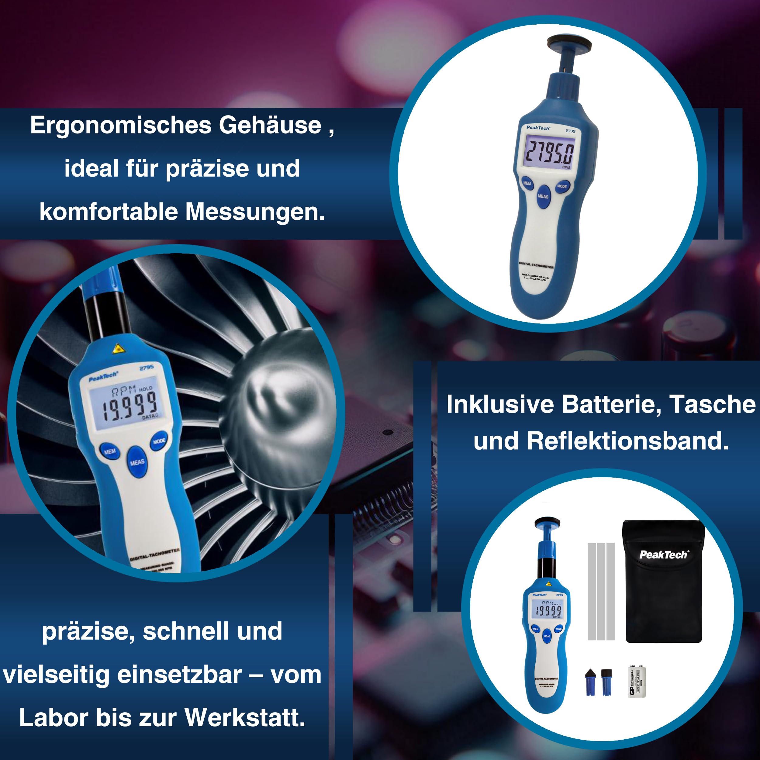 Peaktech P 2795 - Tachimetro, Display LCD a 5 Cifre, Misurazione della Velocità, Protezione in Gomma, Selezione Automatica del Campo di Misurazione, Visualizzazione del Livello Batteria - 160G