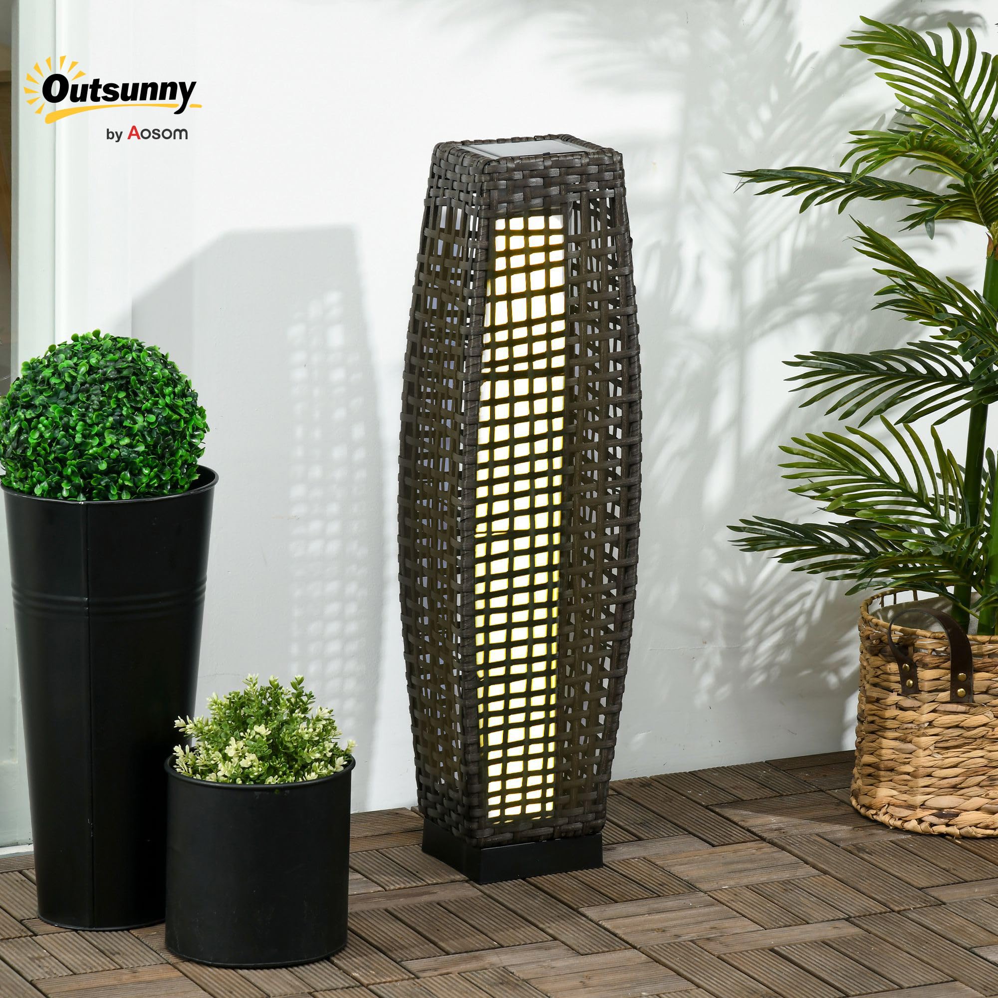 Outsunny Linterna de Jardín de Ratán Sintético Luces Solares Exterior con Luces LED Encendido/Apagado Automático para Terraza Balcón Patio 21x21x78 cm Gris