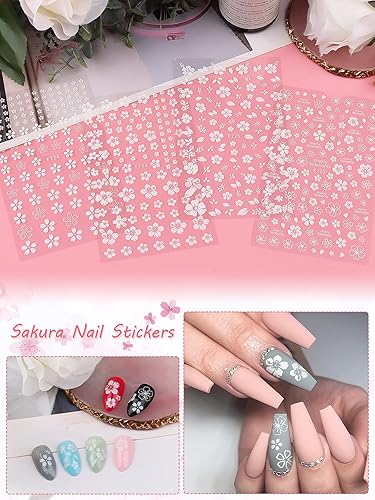 Miniatura 3 de EBANKU - Calcomanías para uñas de flor de cerezo, 8 hojas autoadhesivas de flores blancas para uñas acrílicas, suministros de arte de uñas para