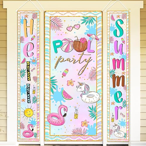 Miniatura 1 de Decoraciones de fiesta en la piscina, letrero de bienvenida de verano, cartel para piscina, playa, flamenco, cubierta de puerta para niños y niñas,