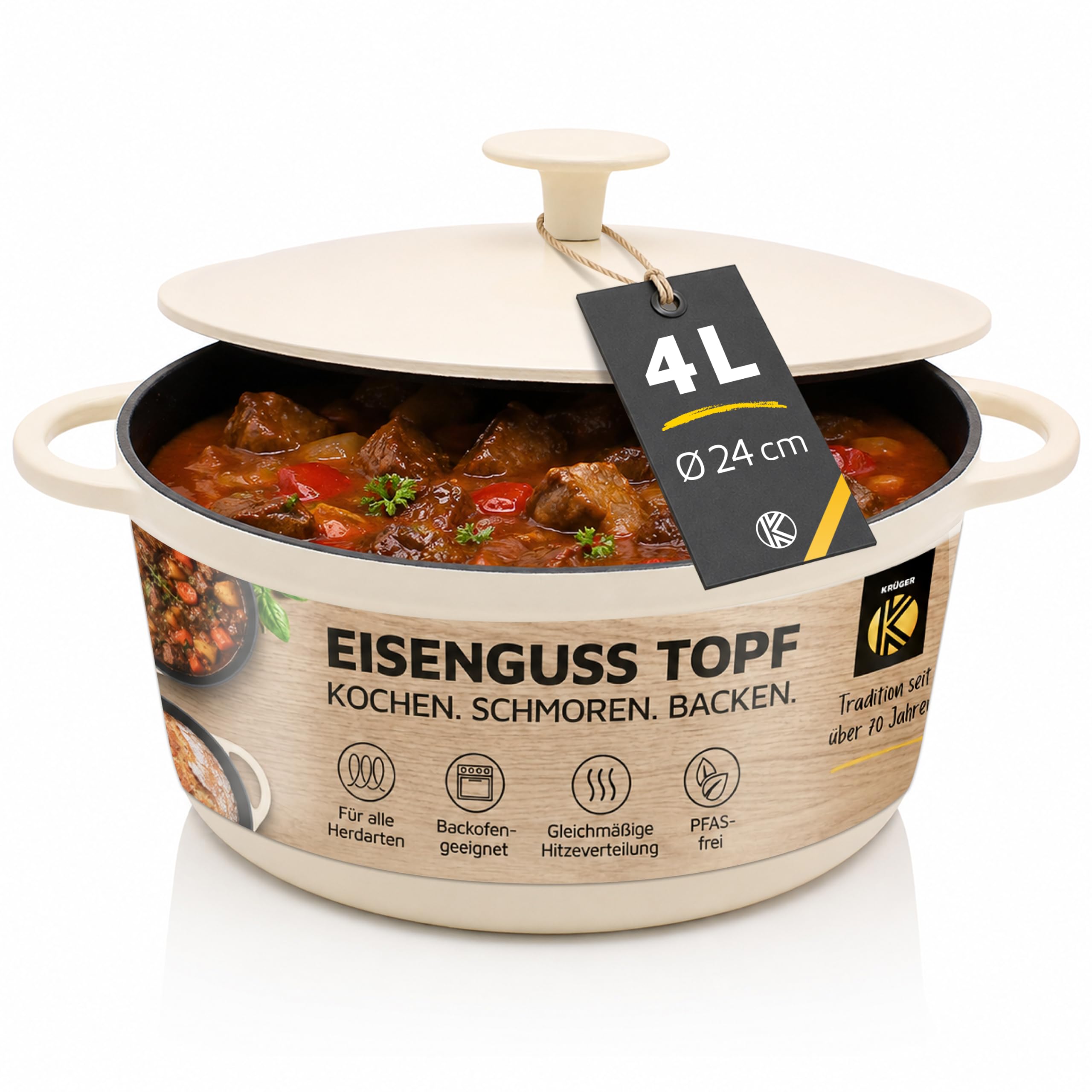Krüger Gusseisen Schmortopf Savanna Ø 24 cm 4 L | Brotbacktopf creme matt | Massiver Vollguss-Eisen 4,6 kg | Ofenfest bis 240 °C | Brotbacken & Schmoren | Alle Herdarten inkl. Induktion | PFAS-frei
