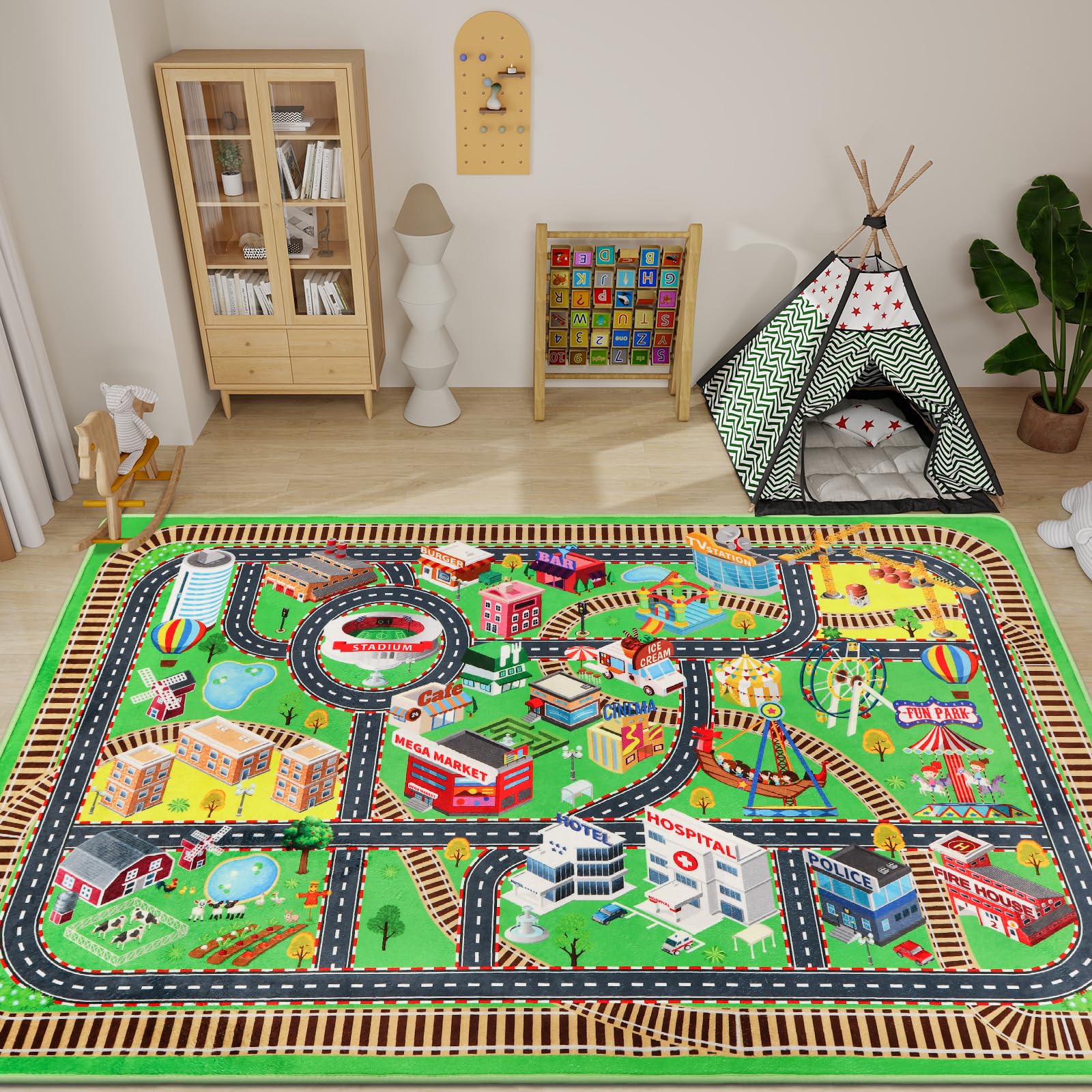 Tappeto da gioco per auto giocattolo, 200 x 150 cm, traffico stradale 3D, per cameretta dei giochi, tappetino stradale per bambini