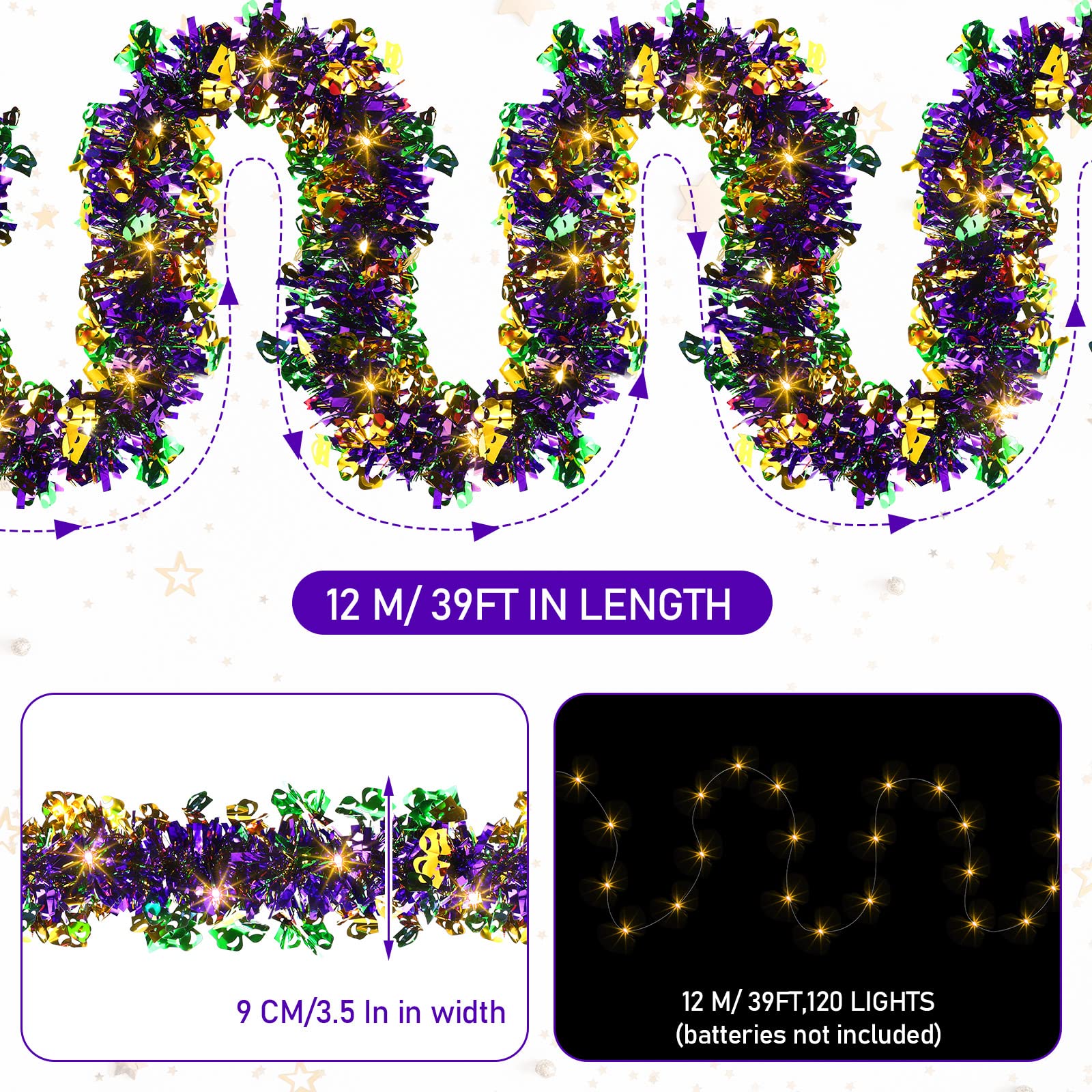 Dingion Ghirlanda di Mardi Gras con 120 luci a LED decorazioni per albero di Mardi Gras metallizzato lucido Mardi Gras Ghirlanda Ornamento per feste di Carnevale Decorazioni per interni ed esterni