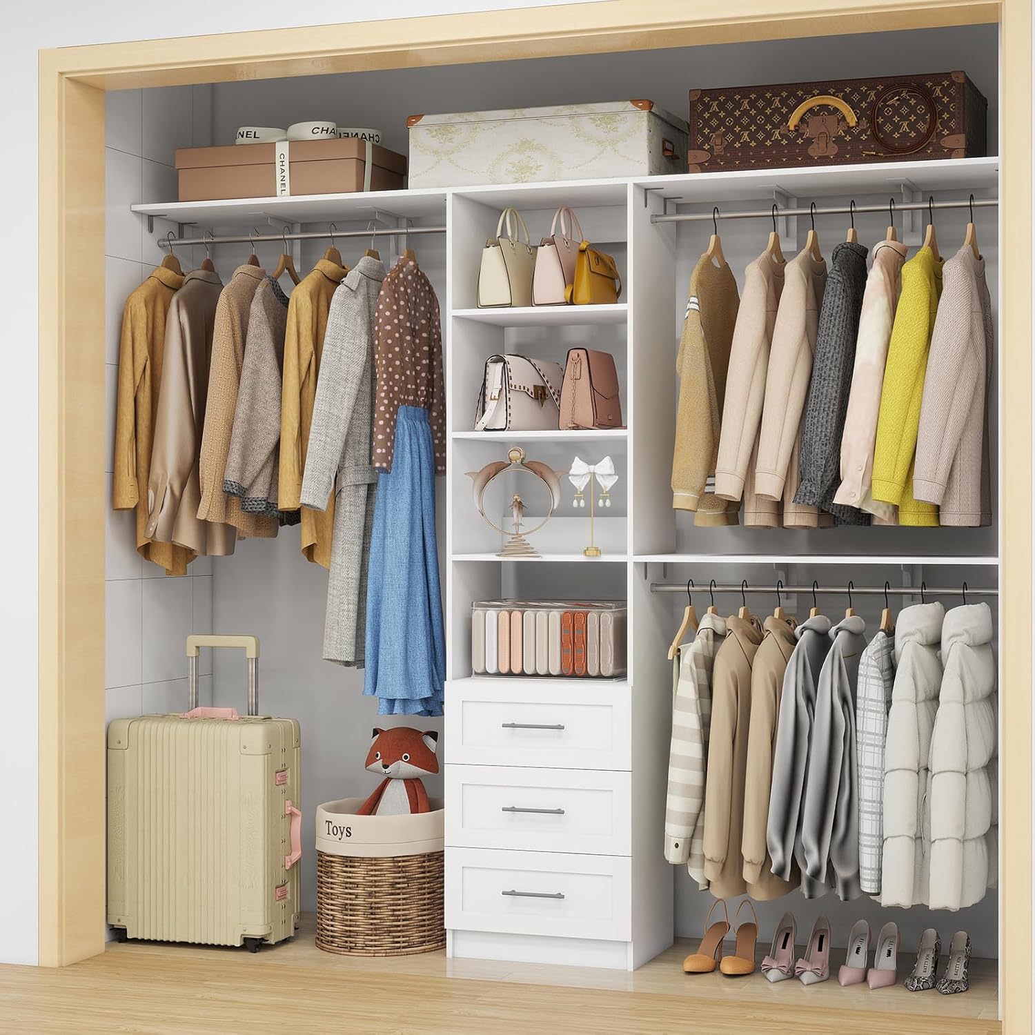 dilando closet organizer system front view with drawers and shelves