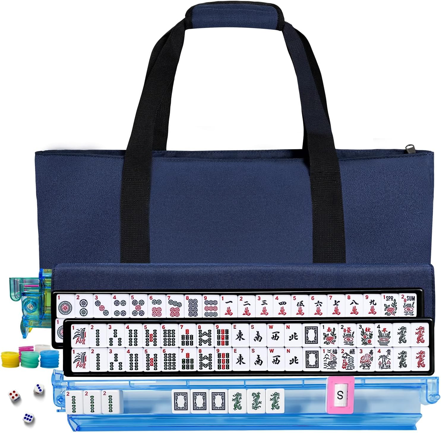 American Mahjong Tile Set, American Mahjong Set Complete with Bag, 166 White Tiles with Bag and Accessories, 4 All-in-One Mahjong Racks with Pushers, Travel Vita Mahjong Tile Game Set Blue