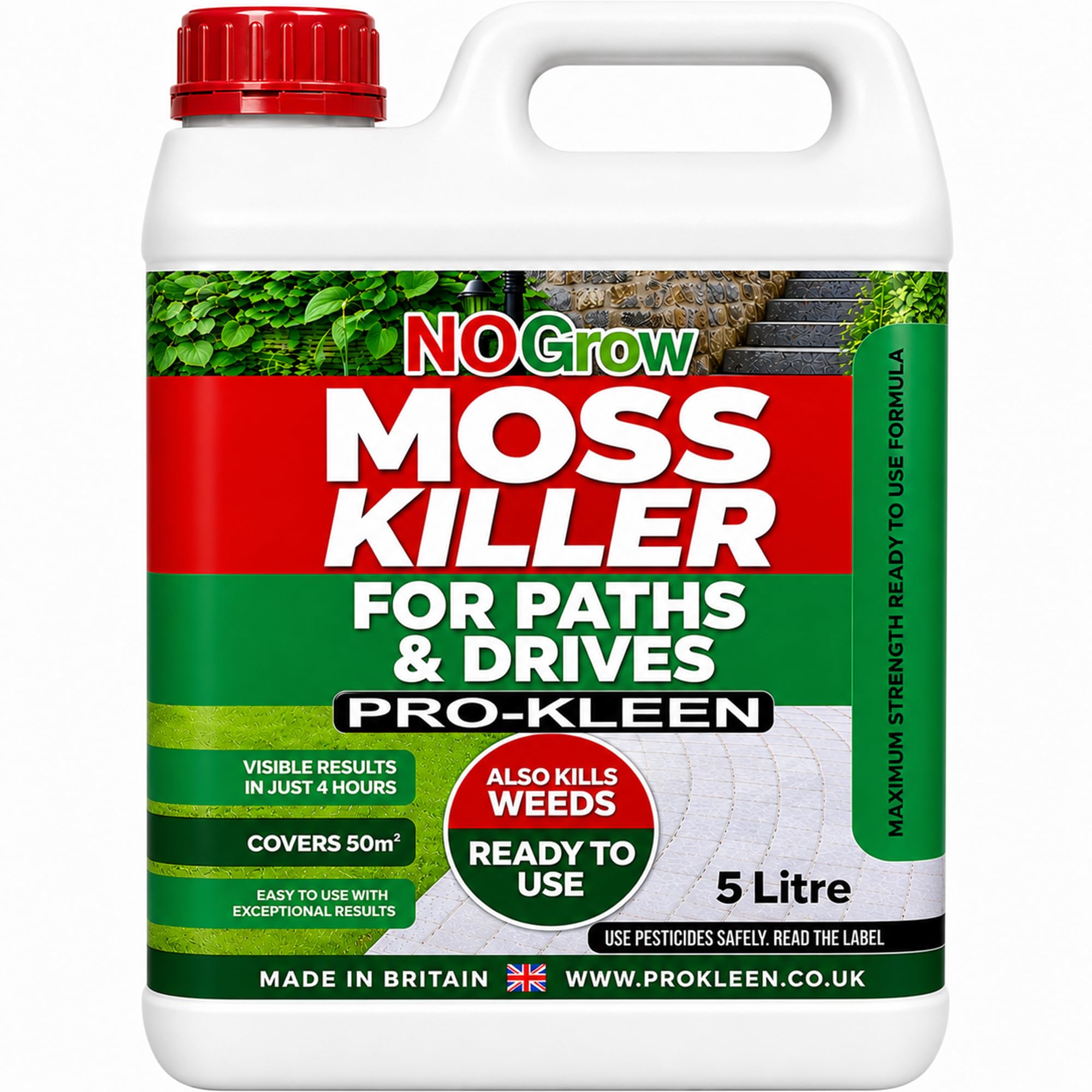 Pro-Kleen NoGrow Moss Killer for Paths & Drives –5L Treats up to 50m² - Double Strength 60g/L Acetic Acid, Ready-to-Use Weed & Moss Killer, Glyphosate-Free, Plant-Based Formula