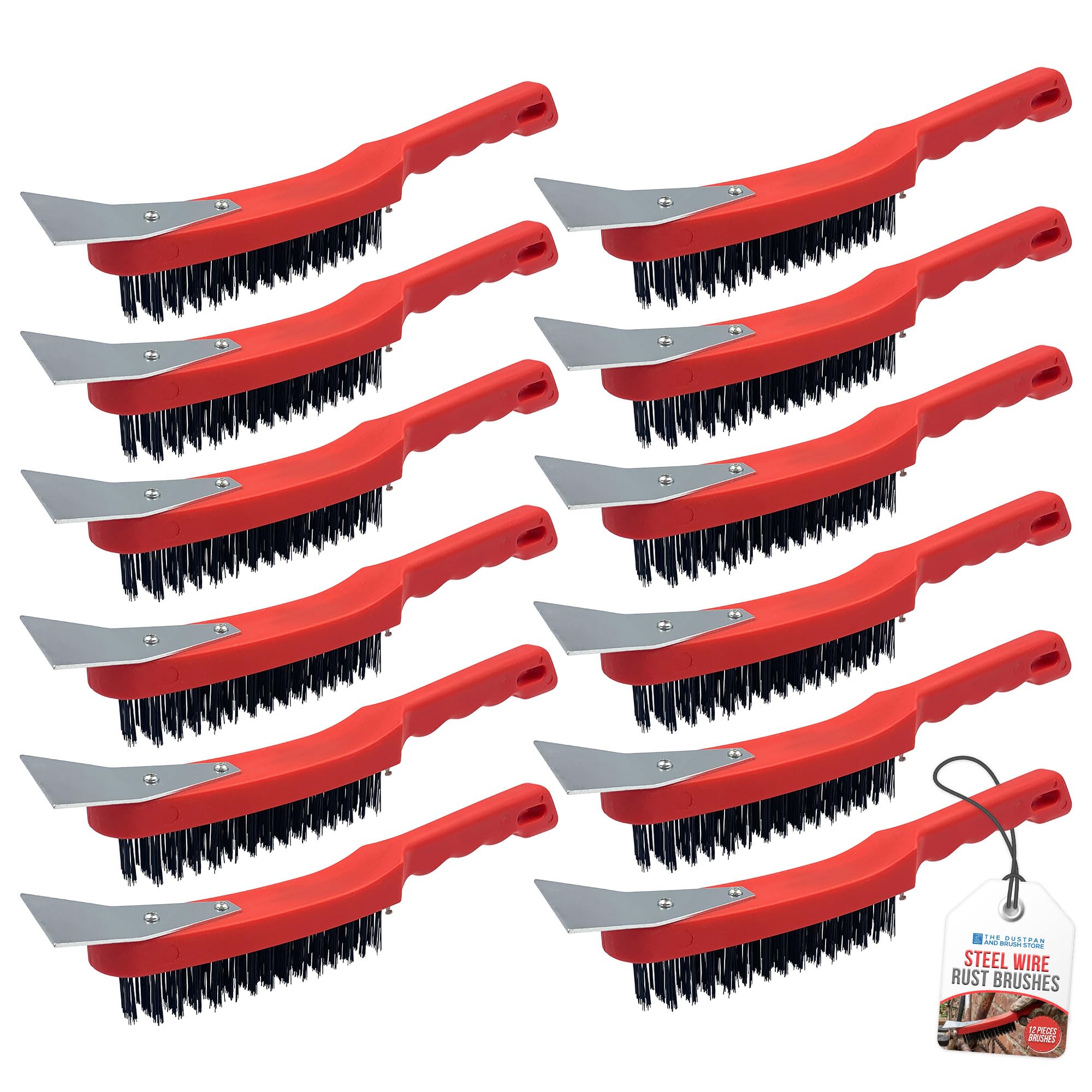 Wire Brush Set, Multipurpose Steel Brush with Metal Scraper and Easy to Grip Plastic Handle − 29cm Steel Wire Brush for Rust Removal and Heavy Dirt Cleaning - Pack of 12