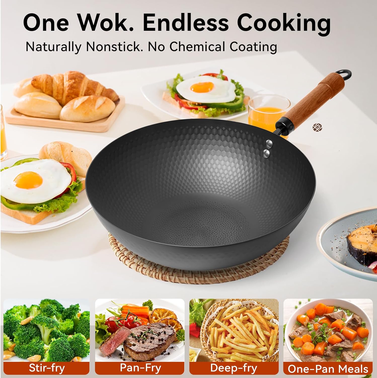 WANGYUANJI Carbon Steel Wok Pan with Lid, 12.6" Hammered Stir Fry Pan, Thickened Heavy Duty Flat Bottom Wok for Electric, Induction & Gas Stoves, Detachable Wood Handle, No Chemical Coating (Black) - Image 5