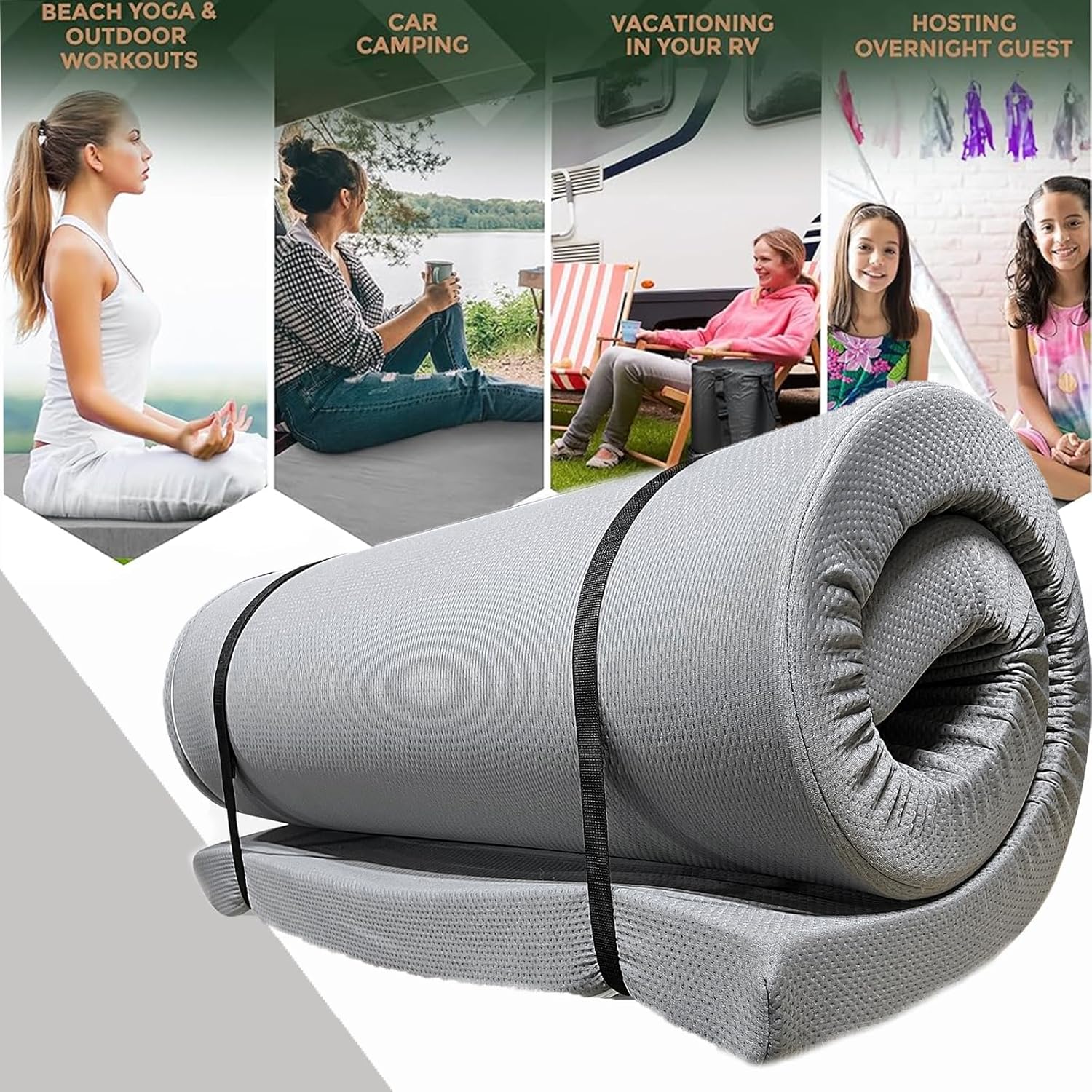 Foldable Memory Foam Camping Mattress with Travel Bag/Portable Roll Up Sleeping Pad Mat with Water-Resistant Zipper Cover for Outdoor Activities, Tent, RVs, Car, Guest Rooms and Dorms