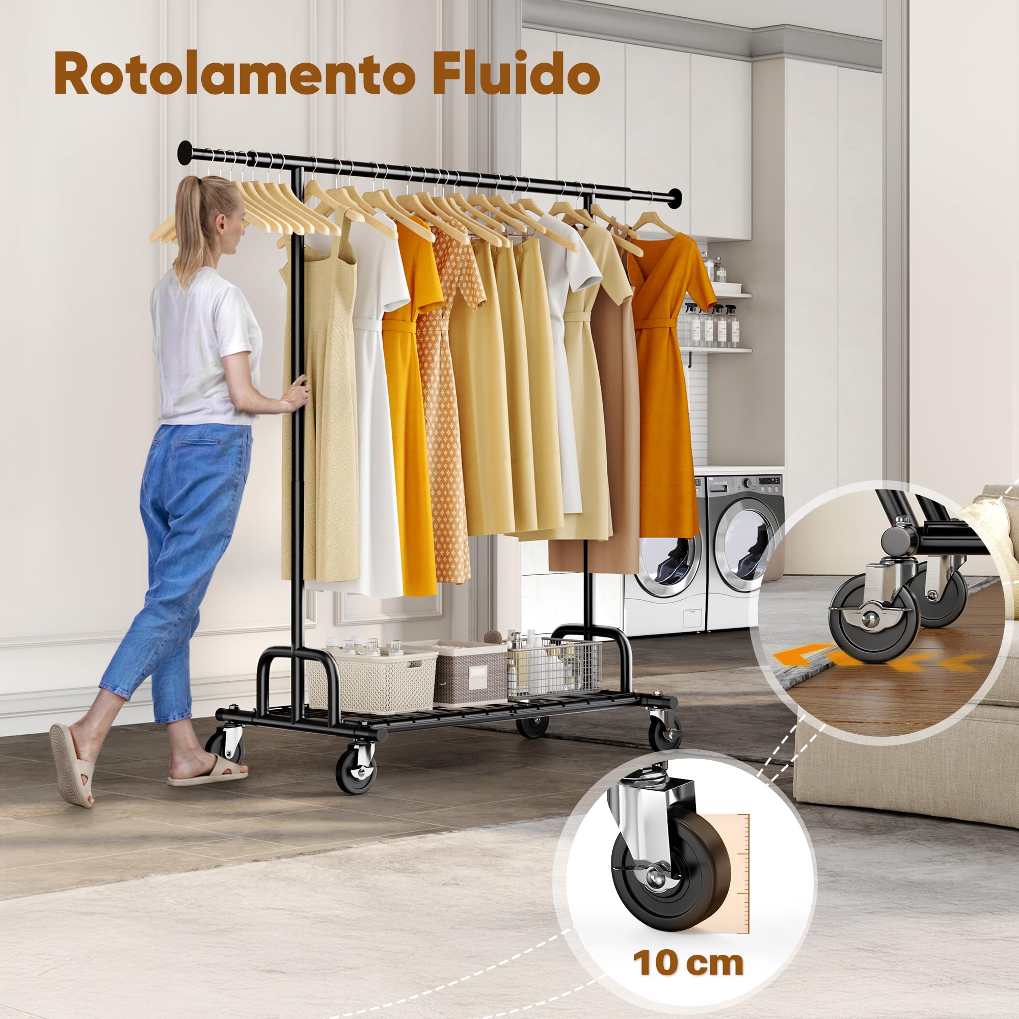 HOKEEPER Appendiabiti da Terra Resistente 238kg, Barra Estensibile con Ruote Bloccabili e Ripiano, Salvaspazio per Camera da Letto, Appartamento, Lavanderia, Nero