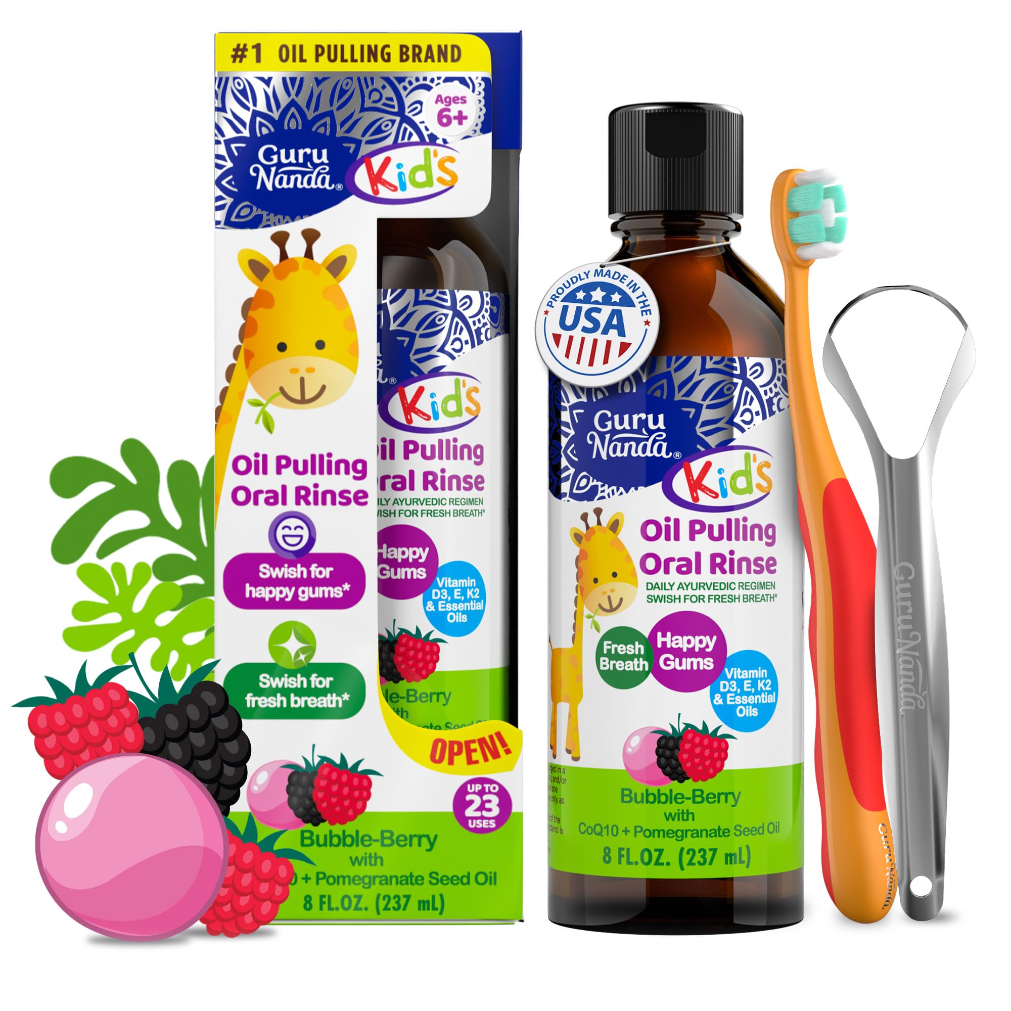 GuruNanda Kids Oil Pulling, Alcohol-Free Mouthwash, Essential Oils &amp; Vitamins for Fresh Breath &amp; Happy Gums for Ages 6 &amp; up, Natural Bubble Berry, 8 Oz