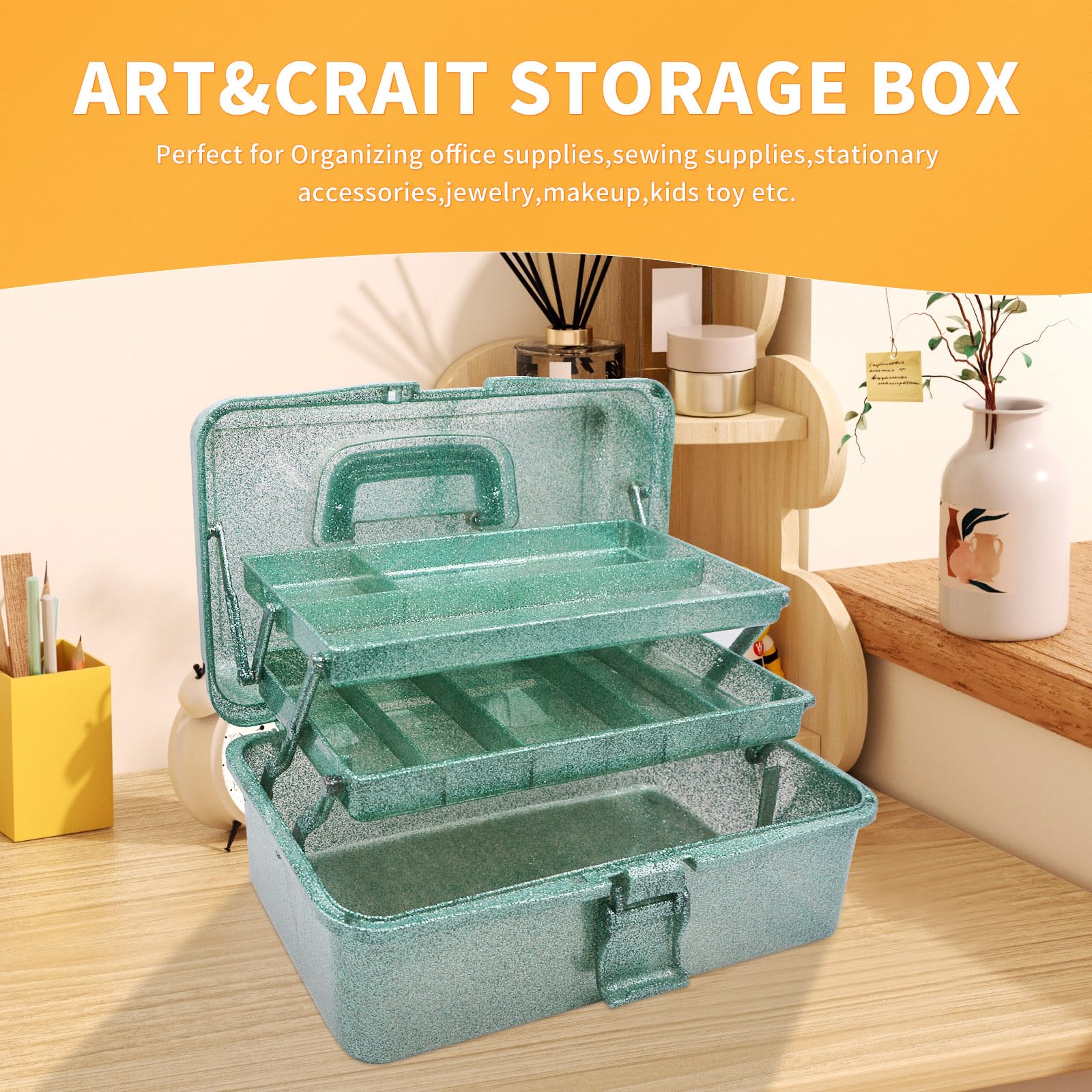 Dreilagige Mehrzweck-Aufbewahrungsbox, schöner Kunststoffkoffer für Kunst und Handwerk, stapelbar und tragbar, Näh-Organizer (grün)