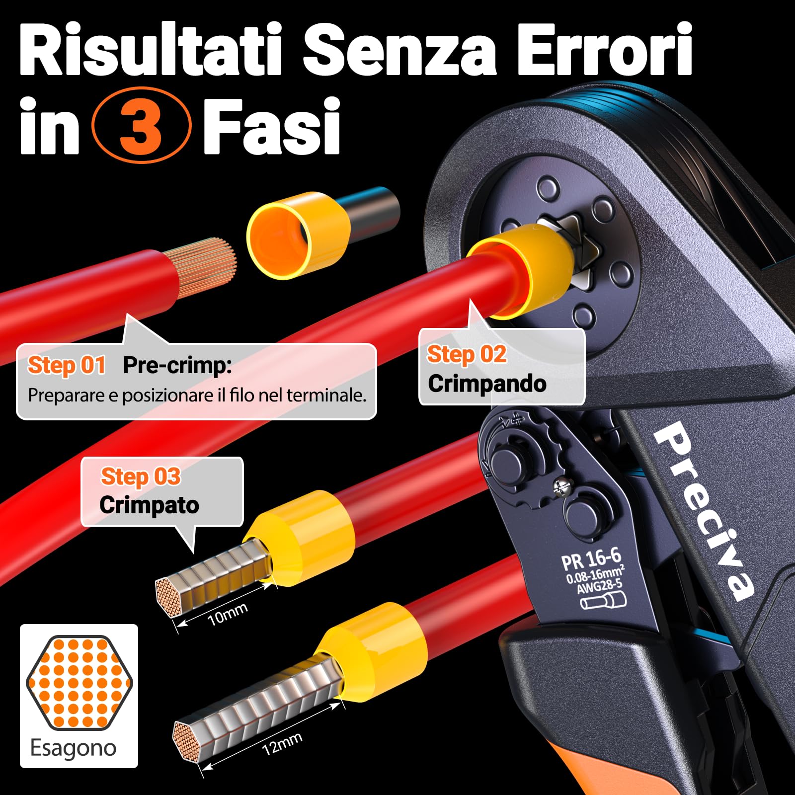 Preciva Pinza Crimpatrice per Puntalini Elettrici con Fascette e Etichette | Crimpatrice Capicorda AWG28-5 [0,08–16mm²], 1650 Pezzi Puntalini Elettrici, Attrezzi Elettricista per Casa e Industria