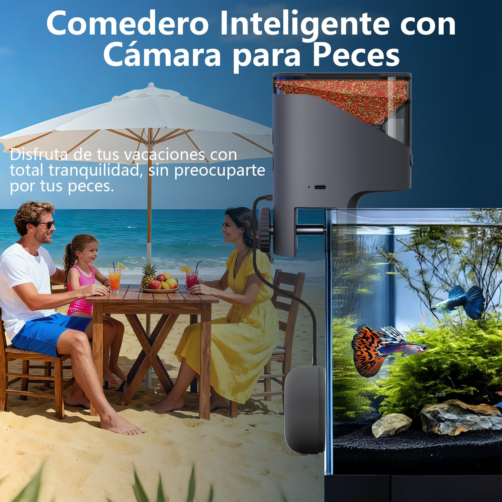 Comedero Peces WiFi, Cámara 2.5K HD, App 2.4/5G, Dosis Precisión 0,2g Anti-Atascos, Vacaciones, Depósito 200ML Anti-Humedad, Temporizador Control Remoto, Acuario Agua Dulce, Salada