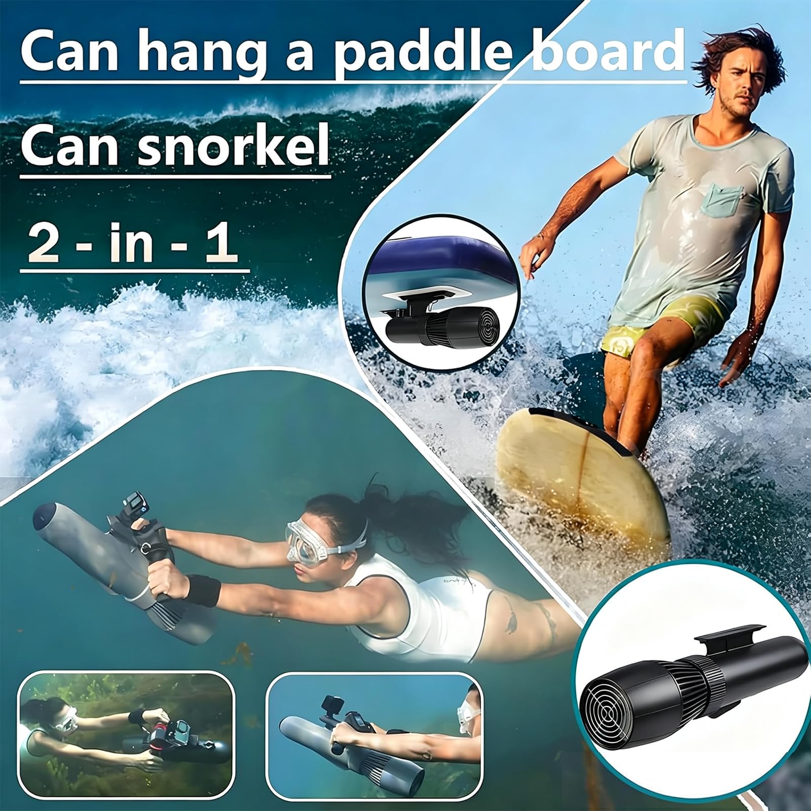 Scooter Subacuático Eléctrico, Scooter de Buceo 9 Velocidades | Autonomía 50 Min, Velocidad 7km/h, Profundidad 40m, Accesorios Paddle, Motor SUP para Buceo, Snorkel y Kayak
