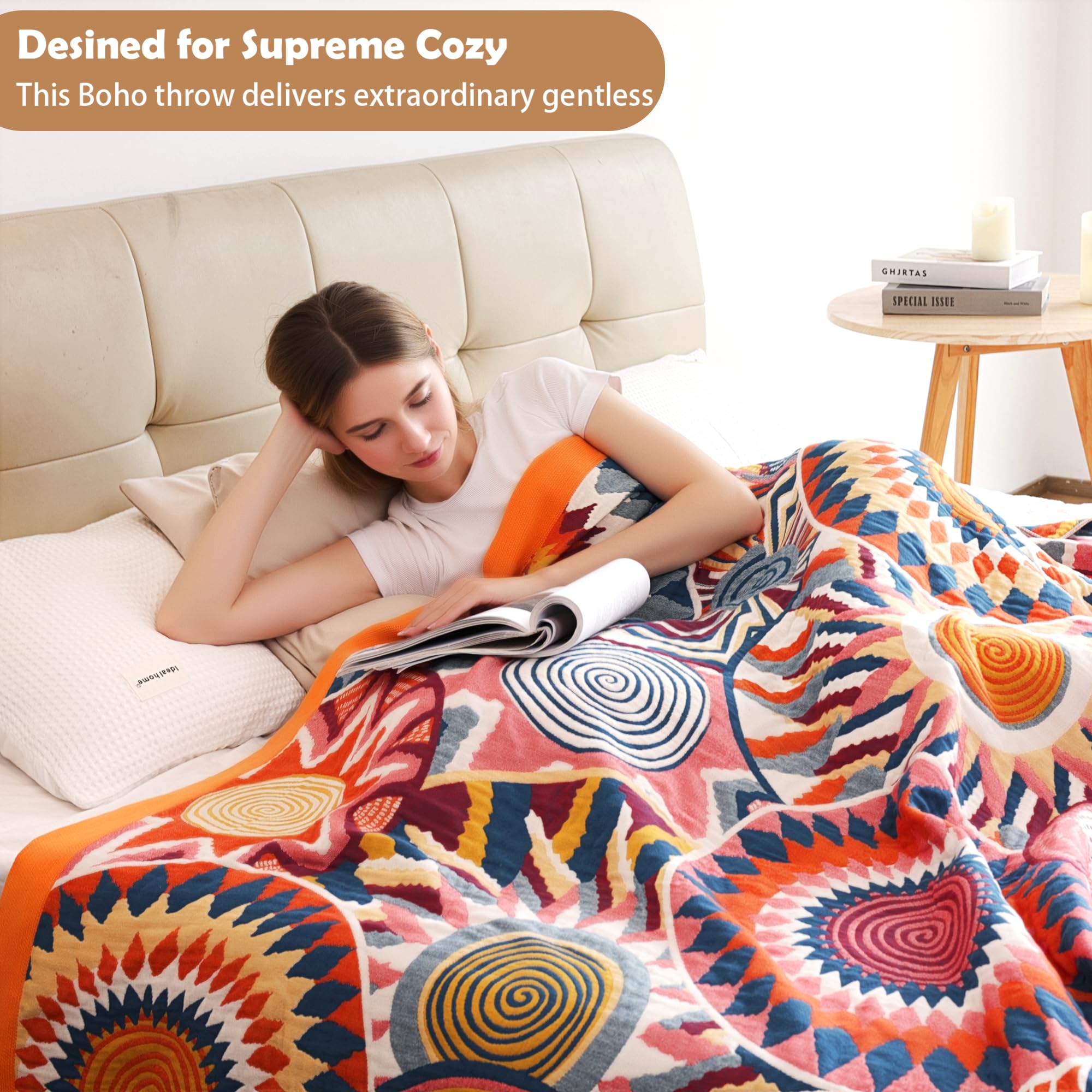 VANJOROY Manta bohemia de doble cara para sofá, cama grande, 100% algodón orgánico, cálida, suave, lujosa manta bohemia para sofá de 2 y 3 plazas, sillón y sofá, 150 x 200 cm, colorido