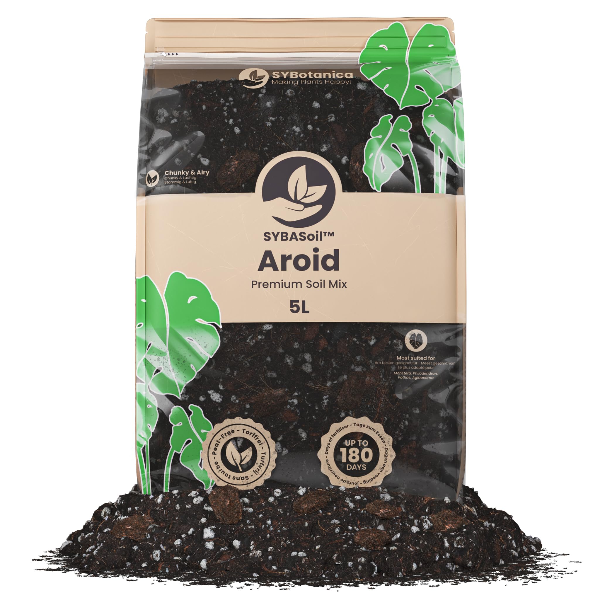 Sybotanica - Monstera Erde (Aroid) 5 L – Premium Coco Blumenerde für Monstera, Philodendron, Aglaonema & mehr, Torffrei Zimmerpflanzen Erde & 180 Tage Bio-Dünger – Für Zimmerpflanzen-Liebhaber