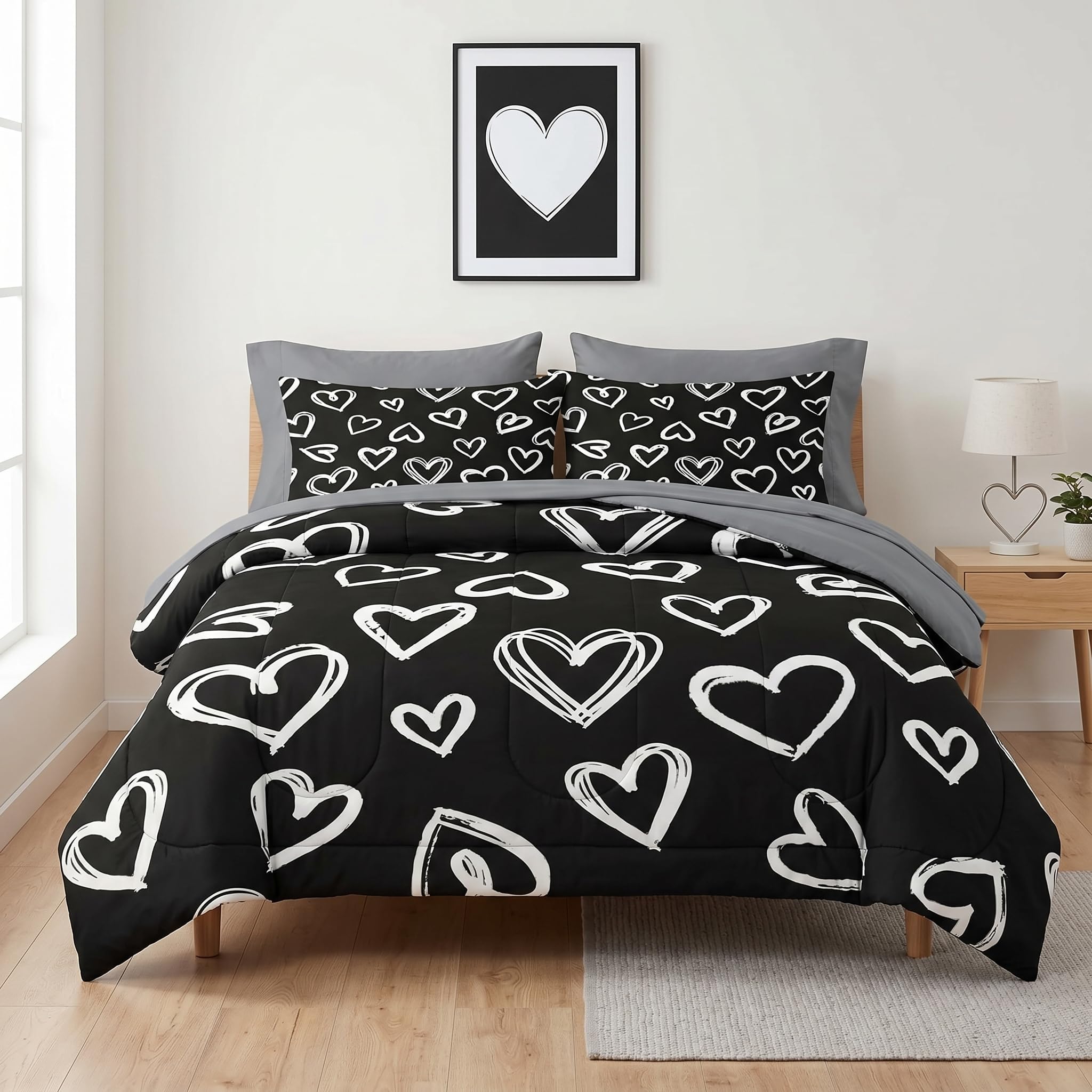 Pamnest Queen Comforter Set with Sheets, 7 Pieces Love Cute Bedding