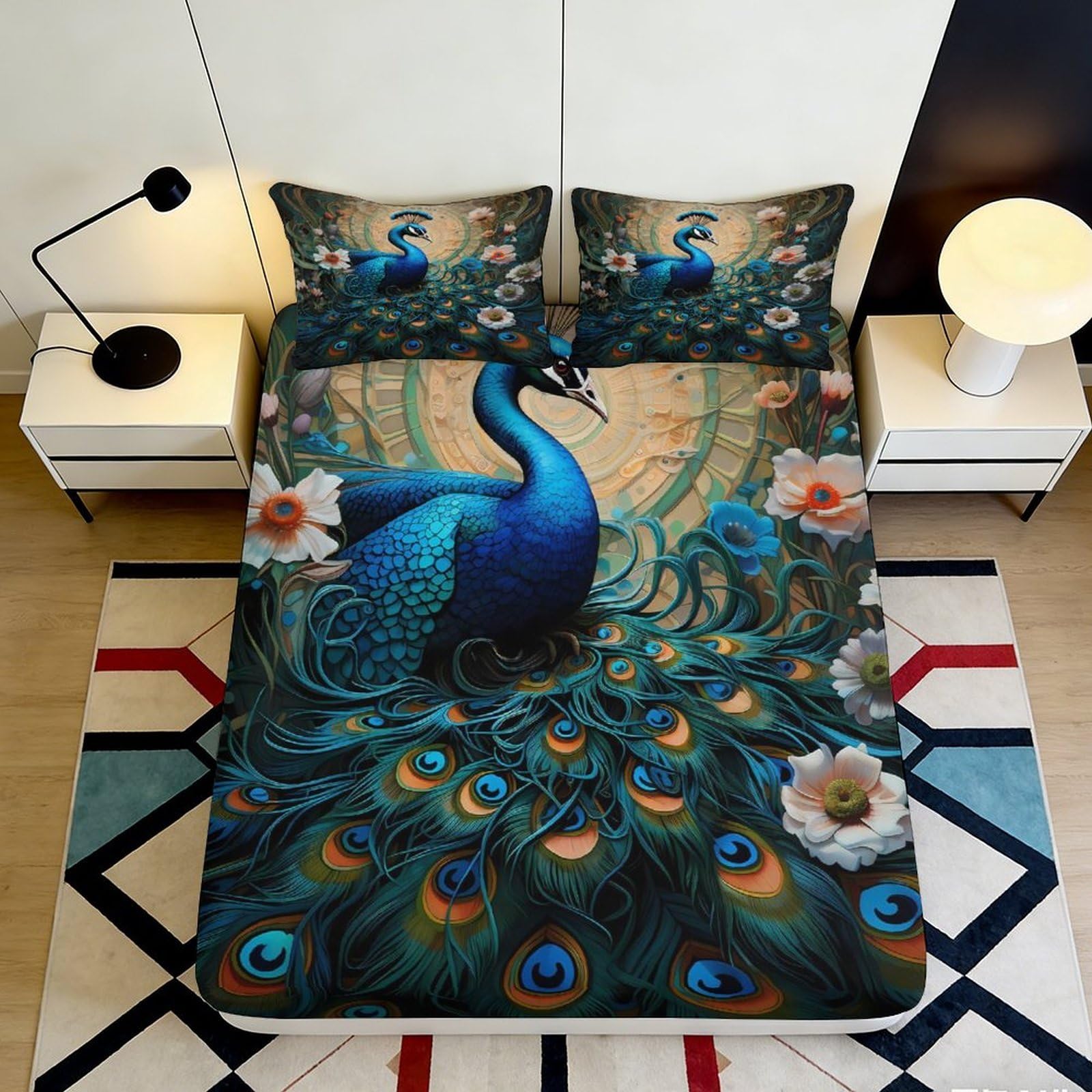 3D Printed Peacock Garden Fitted Sheet Microfiber Anti-Slip Lotus Blossom Bed Sheet for Bedroom Decor 90x200x25cm