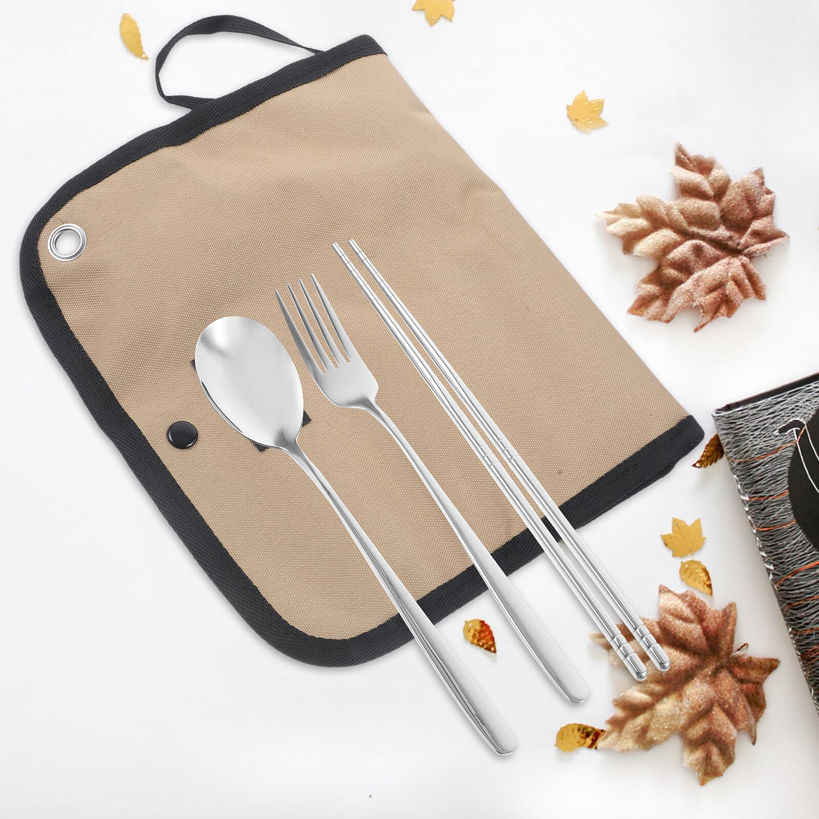 Multifunktionales Camping Besteckset Nylon Tragbar mit Organizer Tasche für Picknick Grill Outdoor Camping Wandern Reisen Leicht Spülmaschinenfest für Schule und Büro