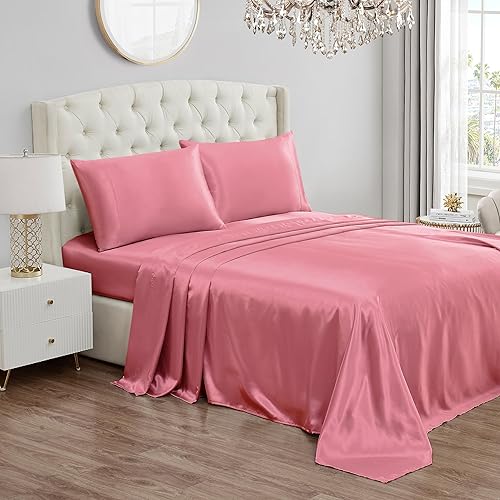Juicy Couture King Size Silk Satin Bed Sheet Set, Deep Pocket Silky Satin King Sheet Set with 1 Fitted Sheet, 1 Flat Sheet and 2 Pillow Case, Wrinkle Resistant and Anti Pilling Satin Bed Sheets - Grey - Rose Pink - Queen - 4 Piece Set