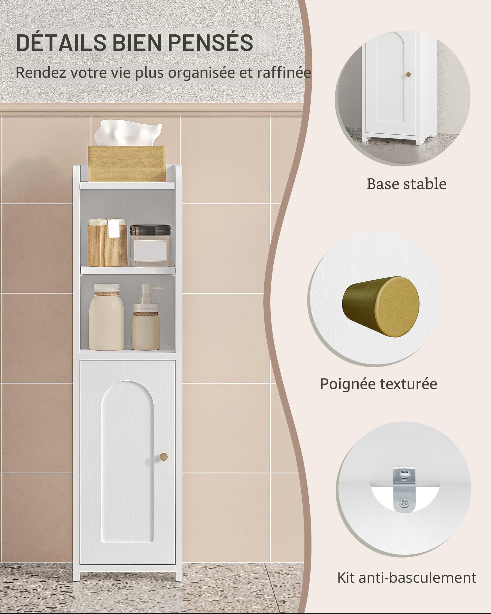 Hzuaneri Meuble de Salle de Bain, Meuble de Rangement avec Portes, Armoire d’Angle avec Étagères Réglables, Armoire de Toilette, ‎20 x 20 x 75 cm, Blanc BC19703X