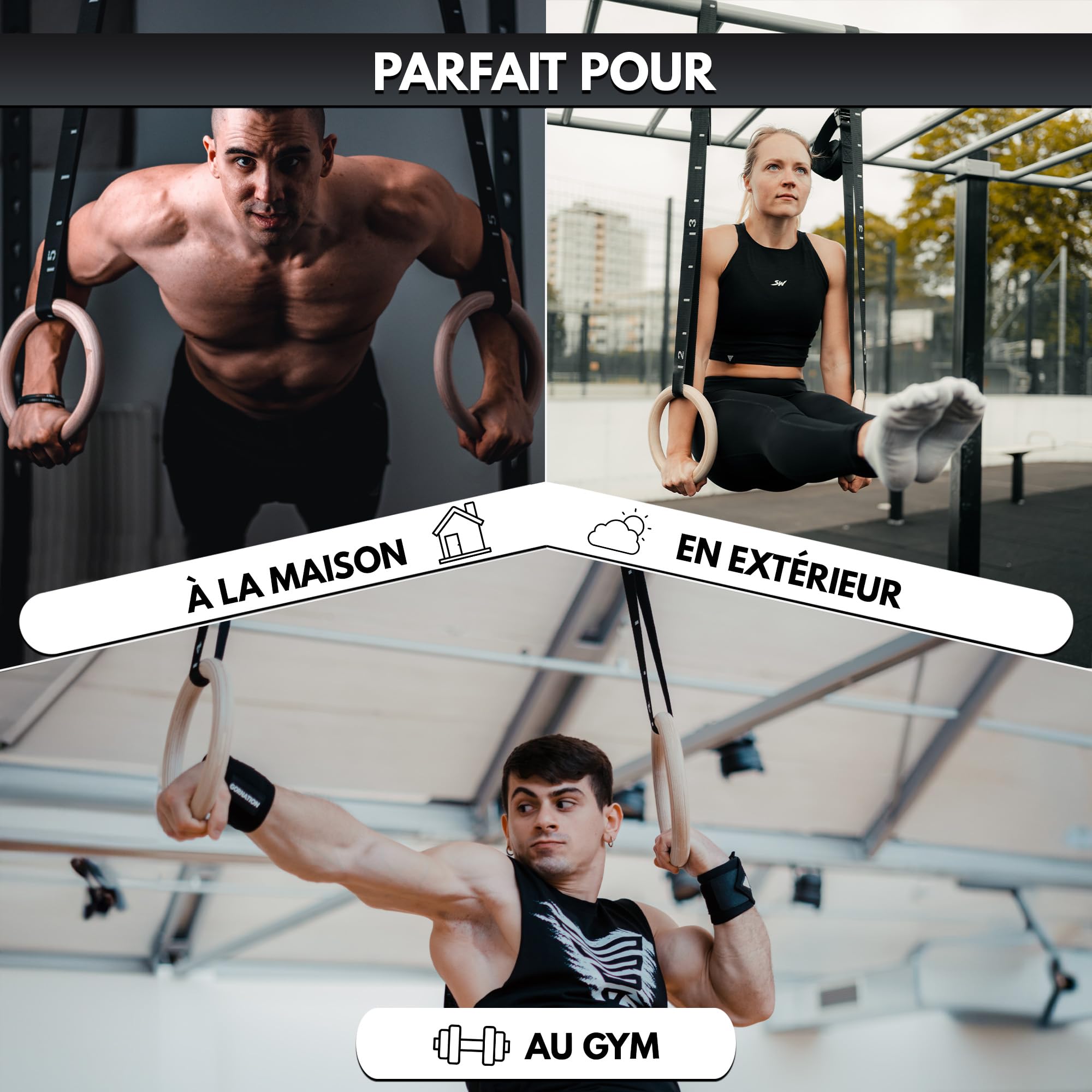 GORNATION Anneaux de Gymnastique en Bois, Anneaux Olympique pour Fitness, Sport, Street Workout, Gym, Musculation, Crossfitness, Anneau Gymnastique + Sangles et Sac pour Séances en Intérieur/Extérieur