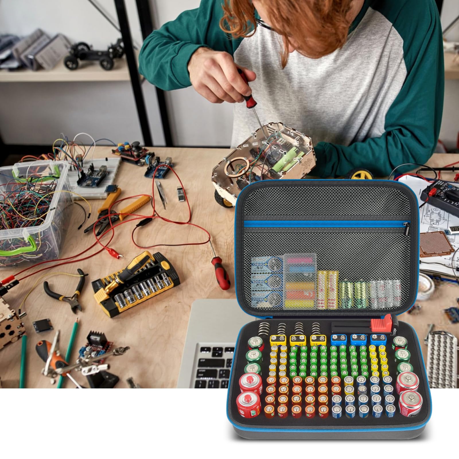 Batterie Aufbewahrungsbox Box, Batteriekasten Koffer mit Batterietester BT-168, Batterie Organizer Hält 136+ Batterien AA AAA C D Cell 9V 3V Lithium - Grau(Nur Fall)