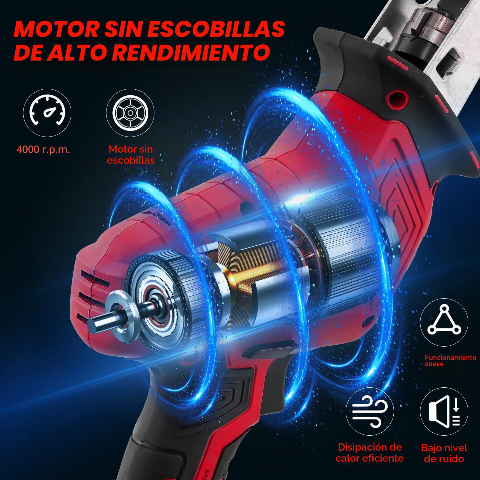 Sararoom Sierra Sable, 21V Sierra Alternativa Inalámbrica, 0-4000RPM Velocidad Variable Sierra de Sable Electrica con 2×2.0Ah Baterías y 8 Hojas, Serrucho con Luz LED para Cortar Madera Metal - Rojo
