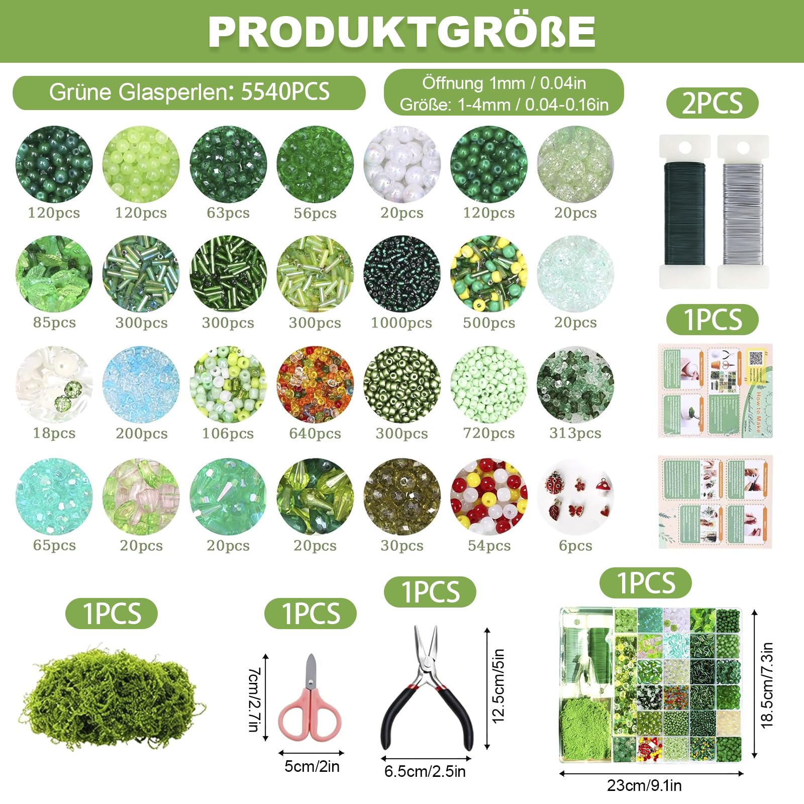 Set di 5540 perline di vetro verdi, set fai da te per piante grasse artificiali e decorazioni floreali, filo per fiori, muschio, tulipani e coccinelle, per la creazione di gioielli (bracciali, collane