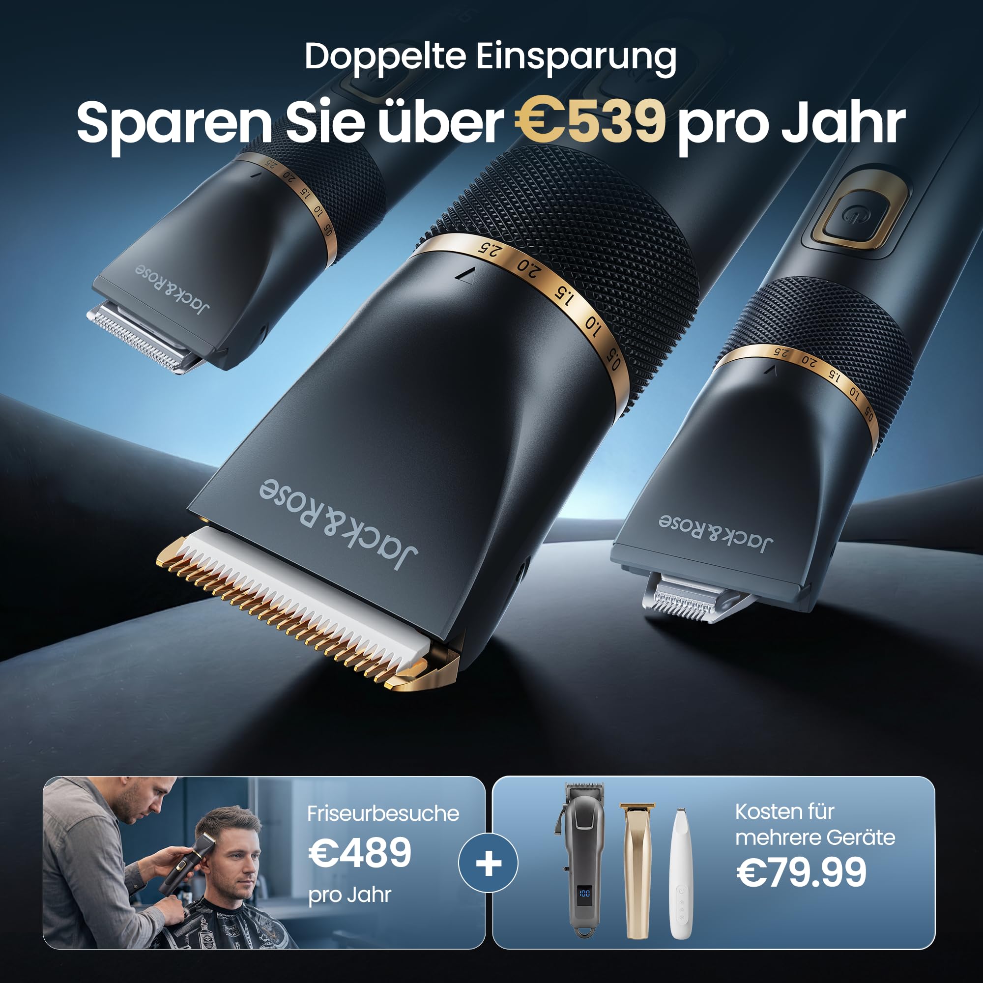 Jack&Rose 3-in-1 Haarschneidemaschine Profi Haarschneider Barttrimmer Kabellos Keramikklinge IPX6 Wasserdicht Wiederaufladbar USB-C