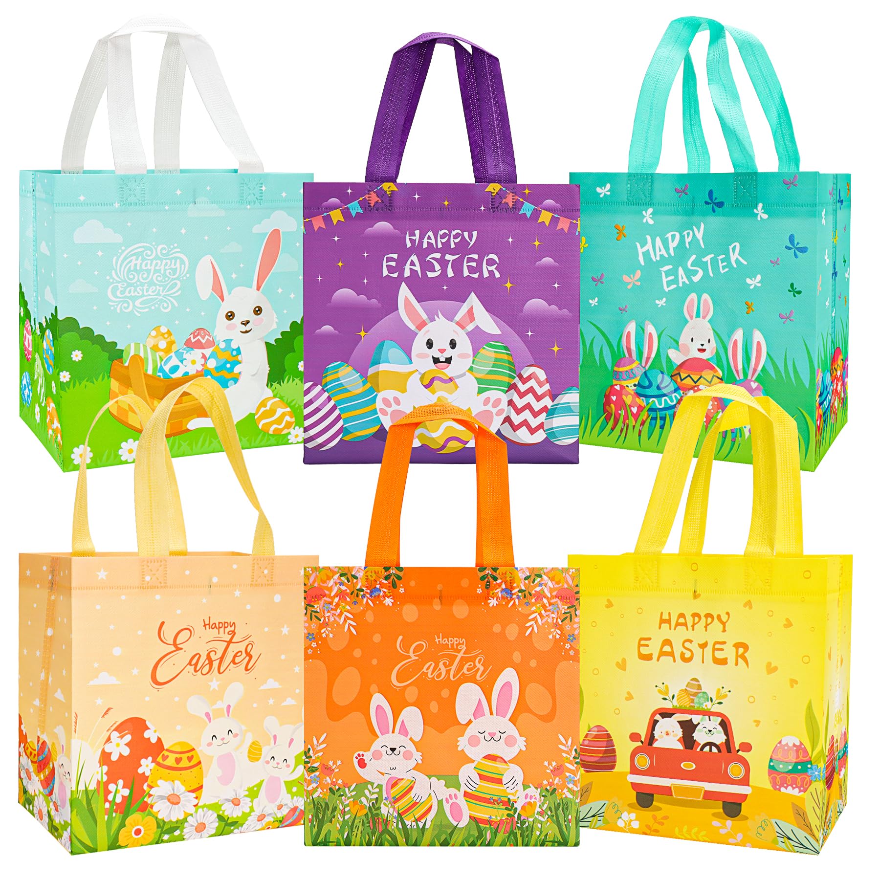 6 Stück Geschenktüten Ostern, Oster Tragetaschen mit Griffen, Ostern Tasche Geschenktüten Kinder, Non-Woven Ostertaschen zum Verpacken von Geschenken Eiersuche Partyzubehör, 22.5 x 22.5 x 11CM