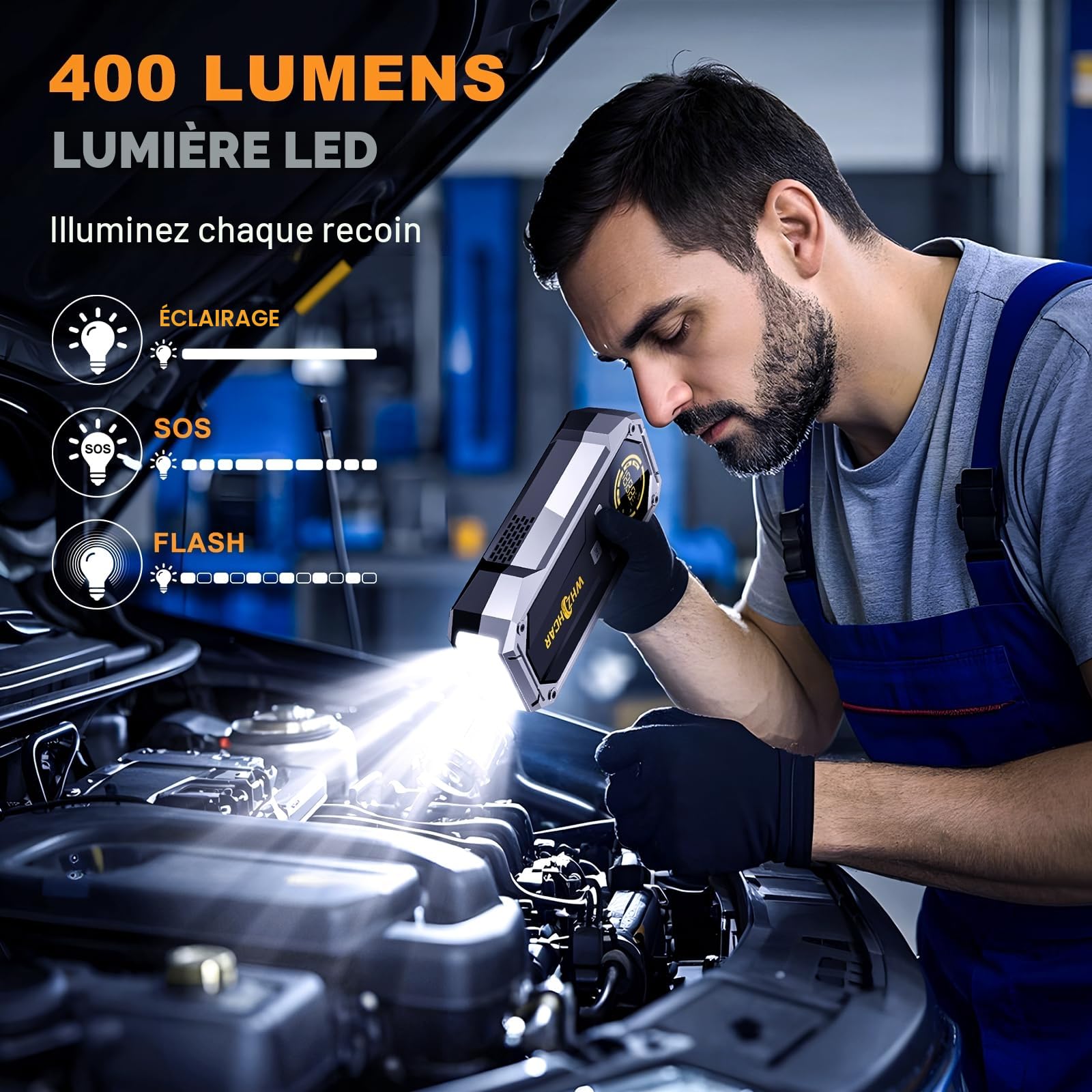 Booster Batterie Voiture 150PSI Compresseur 12V Jump Starter Diesel | Puissance 9000A PowerBank USB Pinces Sécurité LED Lumière Écran LCD pour Essence Moto Camion Hiver Voyage