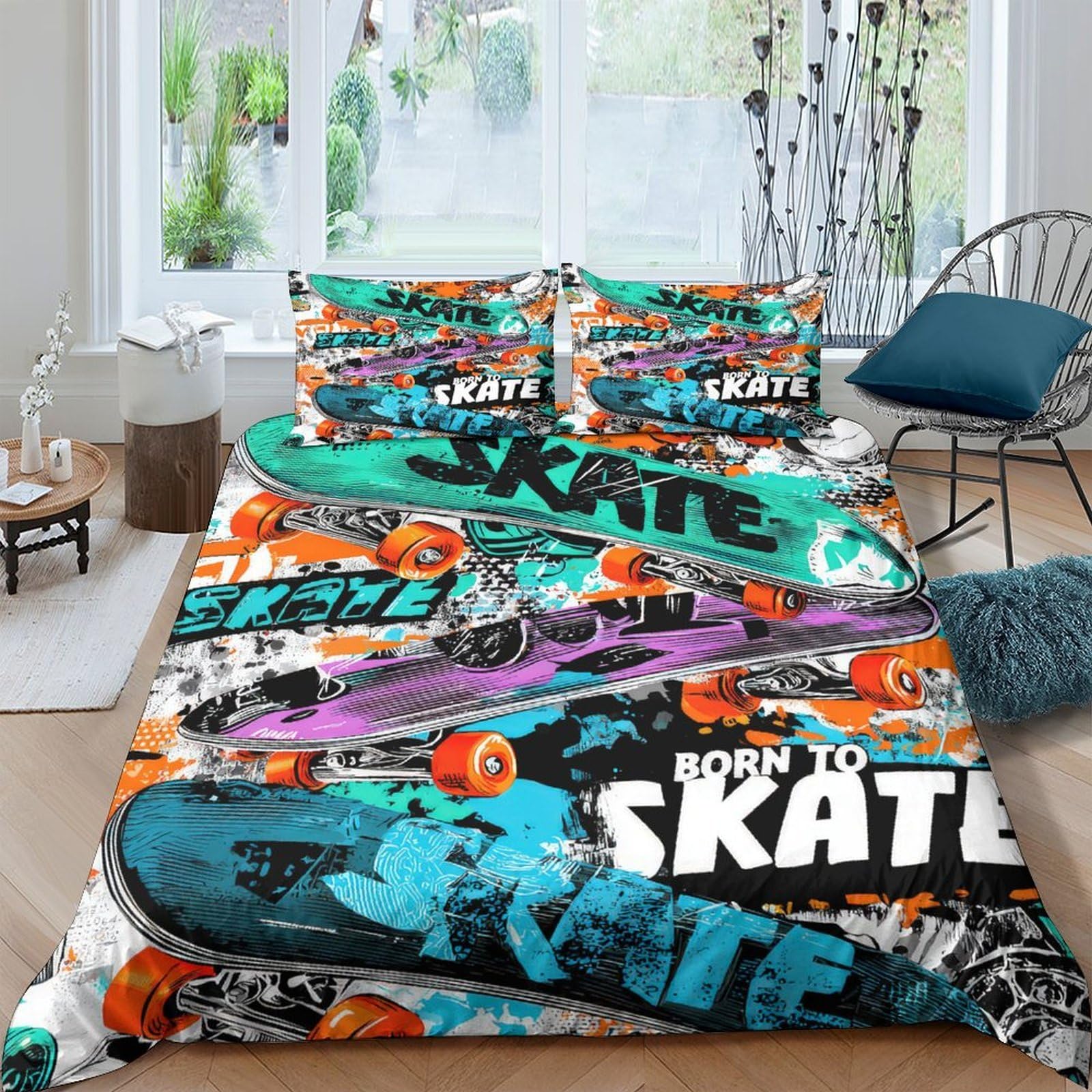 Ctjqhvkz Style-8 3D Printed Skateboard Graffiti Fitted Sheet Microfiber Soft Orange Blue Mattress Cover For Bedroom Dorm Decor Single（135X200cm）
