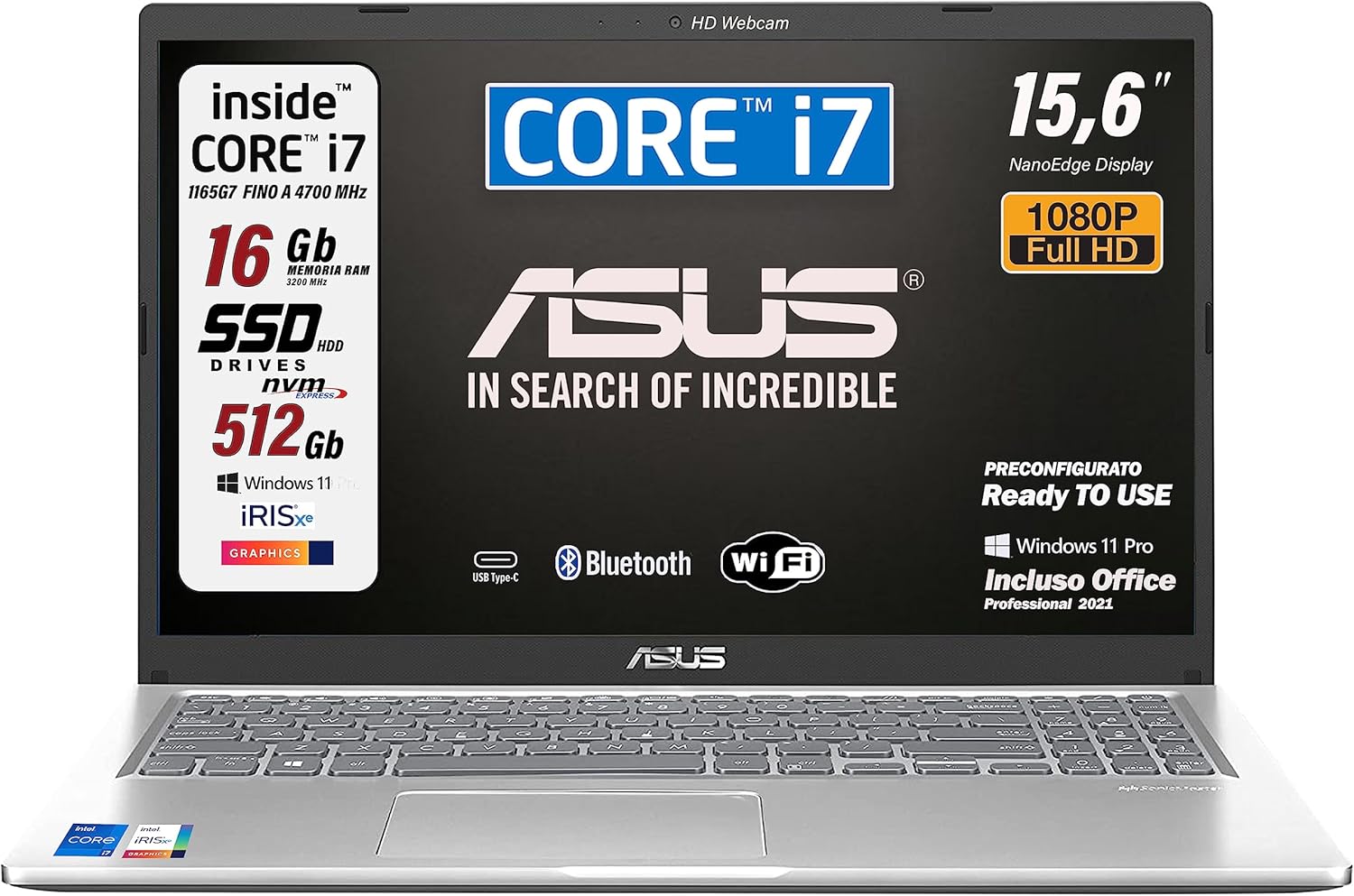ASUS Notebook, Cpu Intel Core i7, 4Core fino a 4700 MHz, Ram 16 Gb, SSD pci Nvme da 512 Gb, 15,6 FHD, Hdmi, bt, webcam, Wi-fi, 4 Usb, Bt, Win 11Pro, Suite Office, Tastiera italiana, Garanzia 24 mesi