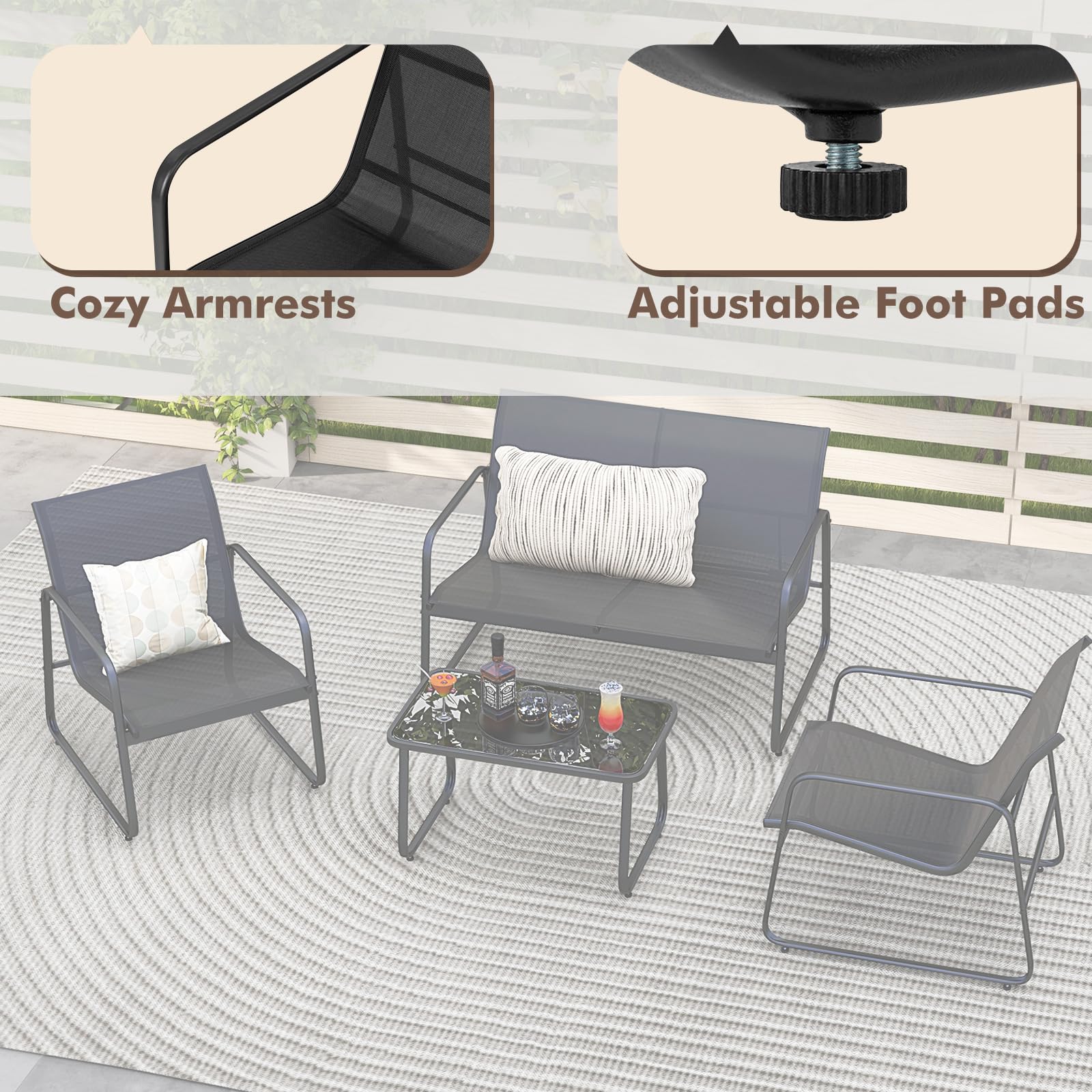 KOMFOTTEU Set da Bistrò in Tessuto Textilene, Set da Giardino in 4 Pezzi, Tavolo Portato 50 kg, 2 Sedie da Giardino Portate 150 kg, e Divanetto Portato 300 kg, Set Tavolo e Sedie da Esterno, Nero