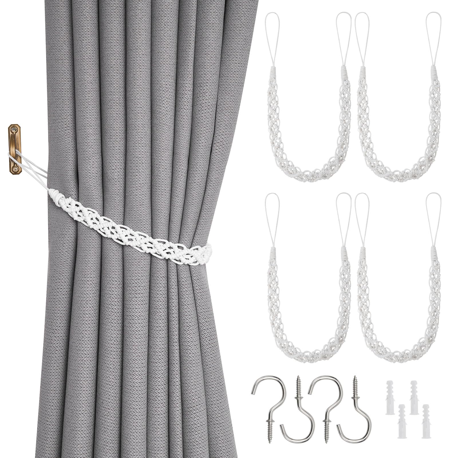 NICEEC 4 Pack Wax Rope Curtain Tiebacks Elegant Boho Style Decorative Drape Tie Backs Unique Hand-Woven Rope Curtain Holdbacks with Metal Hook for