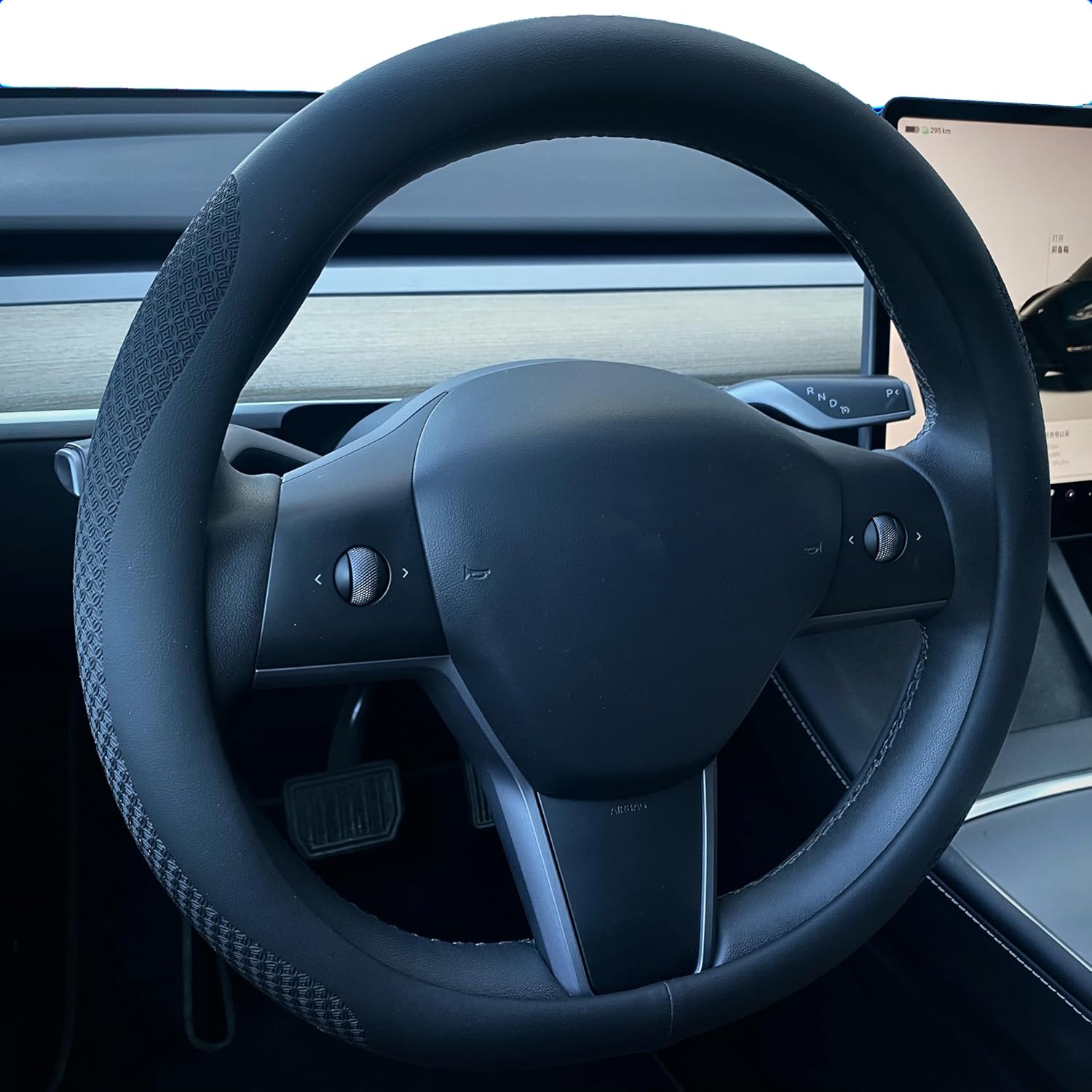 Nappa Leather Steering Wheel Cover for Tesla Model 3/Y 2016-2025 2026 Juniper/Highland, Non-Slip Breathable Tesla Model 3/Y Steering Wheel Protector, Black (Black-Anti-Slip Design)