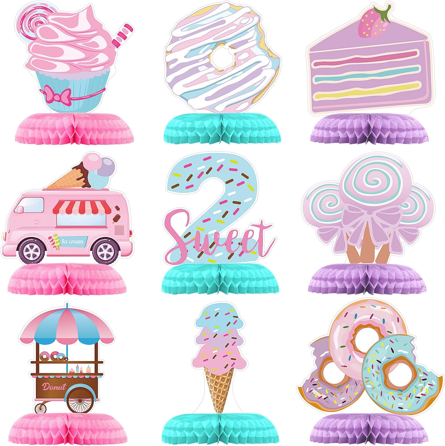 Hotop 9 Pcs Donut Two Sweet Birthday Party Decorations Ice Cream Table Honeycomb Centerpieces Second Table Topper Doughnut 2nd Birthday Sign Decor for Girls Christmas Party Supplies Baby Shower