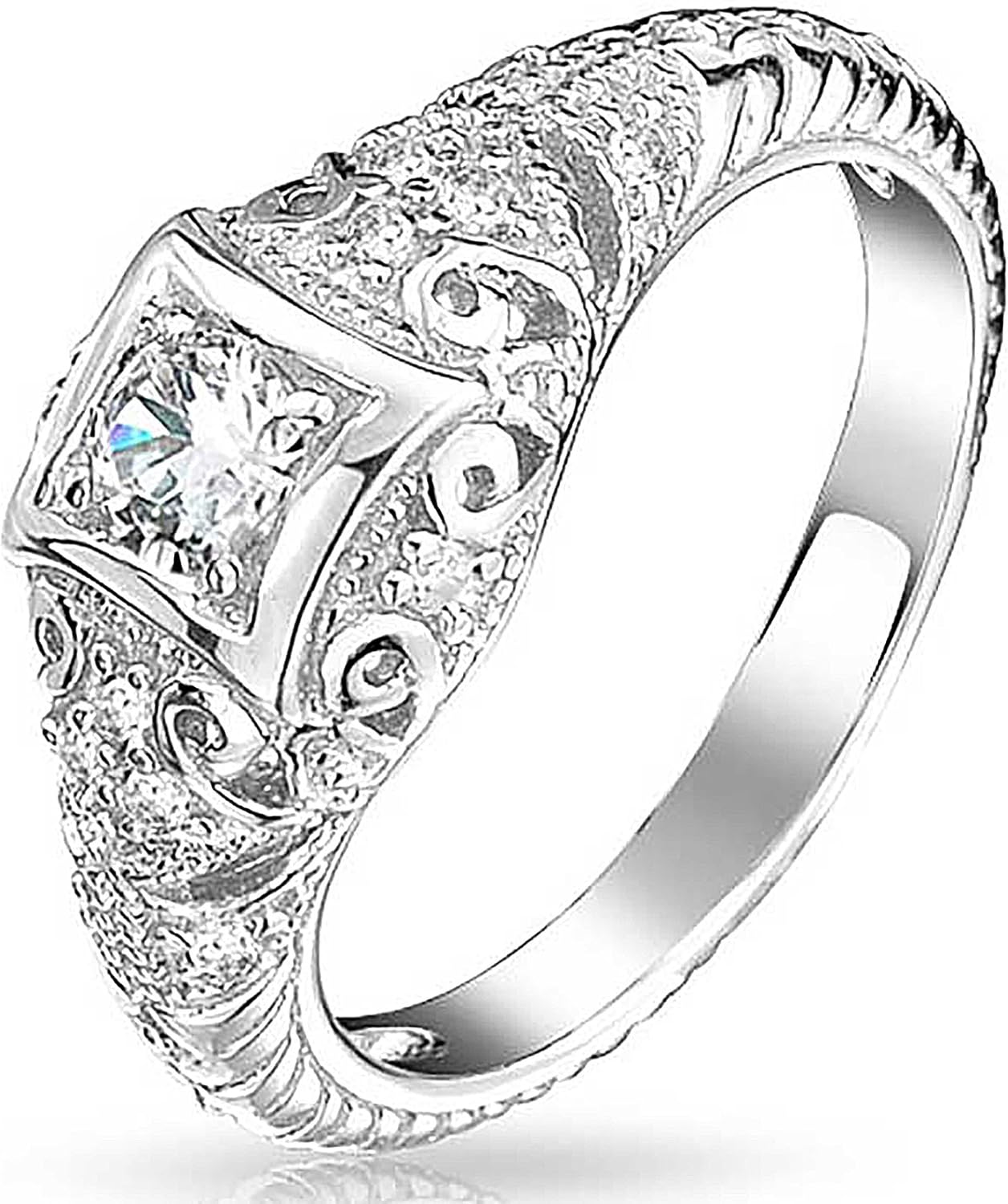 Bling Jewelry AAA CZ Victorian Vintage Art Deco Style Heirloom Milgrain 1CTW Princess Brilliant Solitaire Engagement Ring For Women .925 Sterling Silver