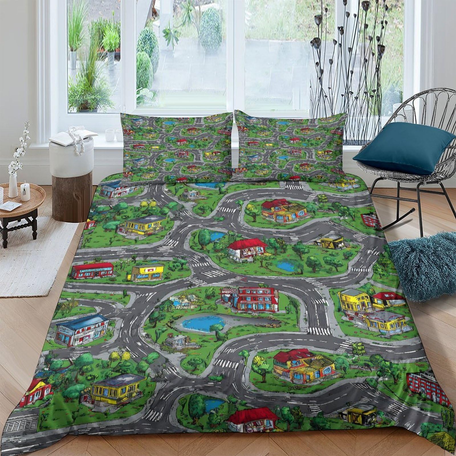 Ctjqhvkz Style-6 3D Printed Cartoon Town Fitted Sheet Microfiber Soft Road Map Bed Cover For Bedroom Dorm Room Home Decor Single（135X200cm）